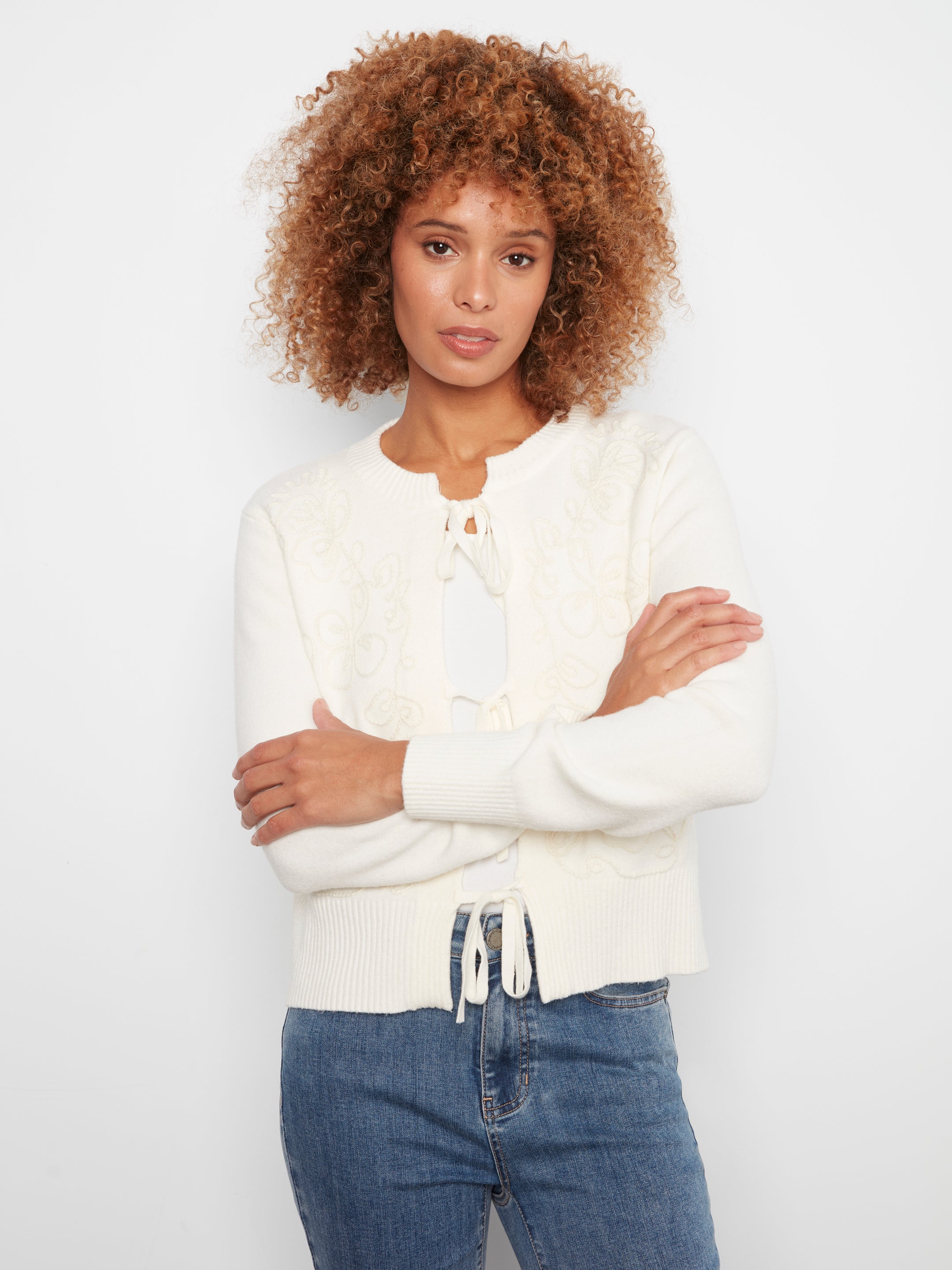 Bow Tie Front Jacquard Cardigan