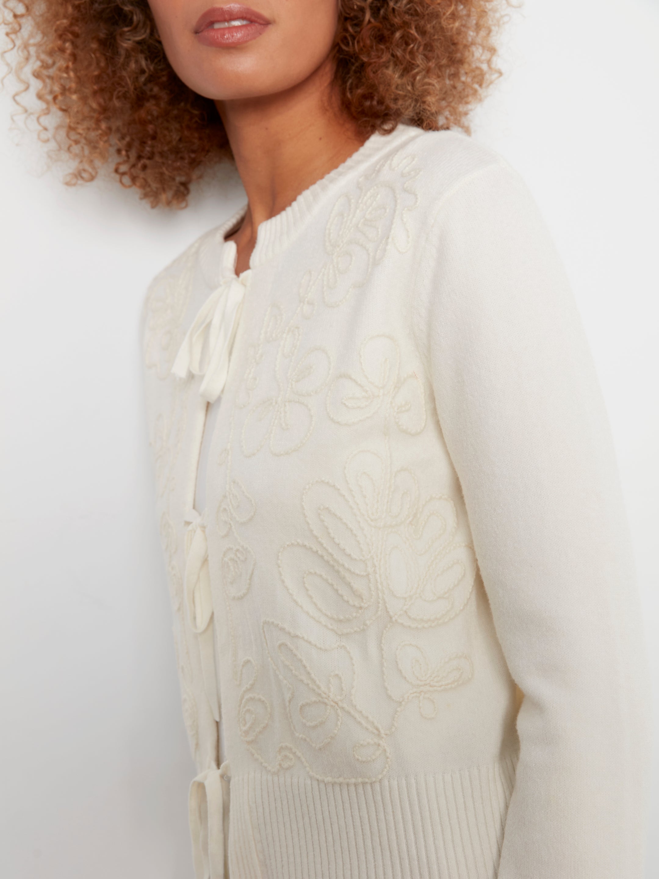 Bow Tie Front Jacquard Cardigan