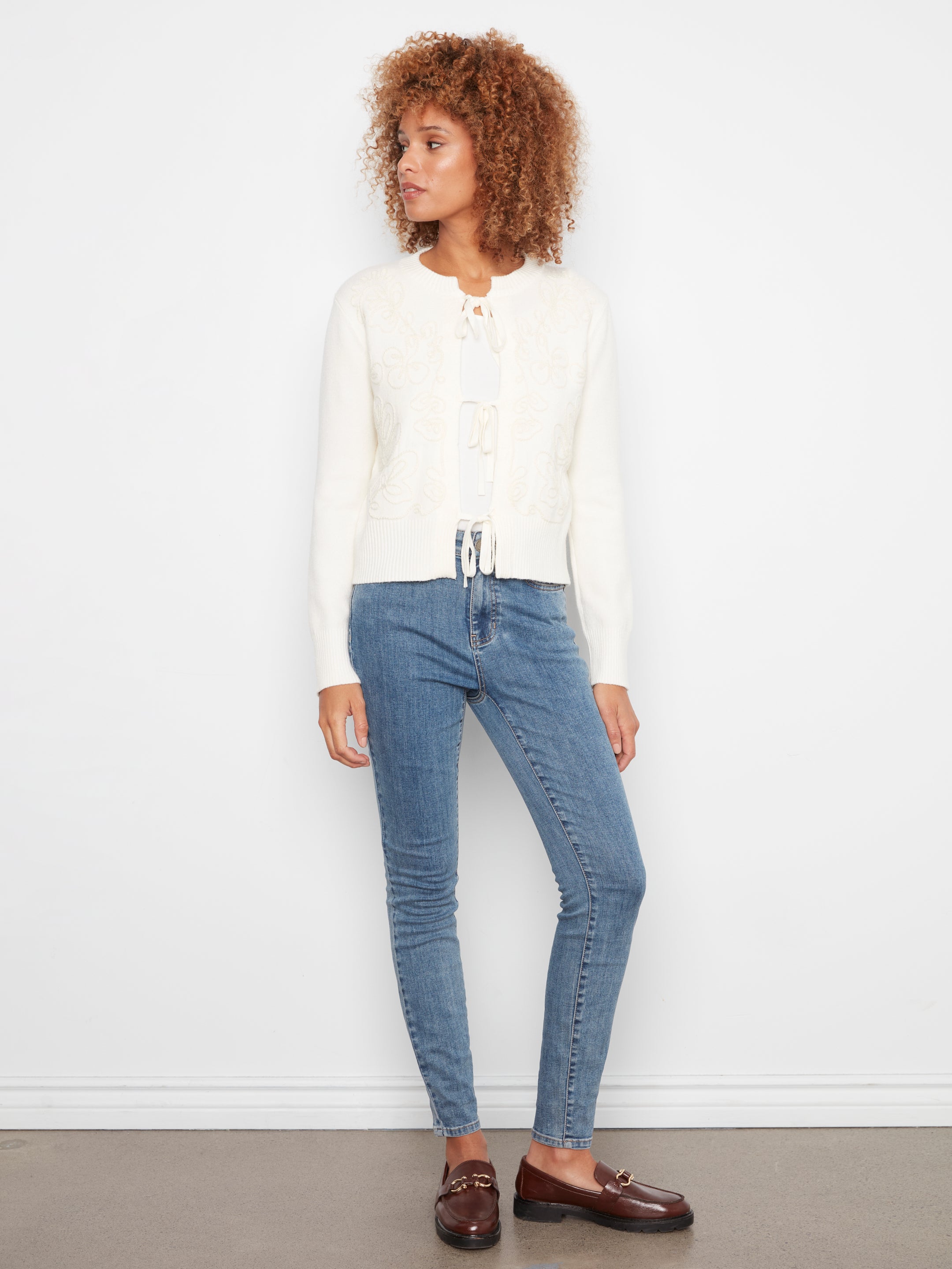 Bow Tie Front Jacquard Cardigan