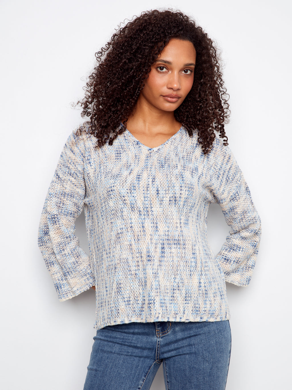 3/4 Sleeve V-Neck Crochet Sweater