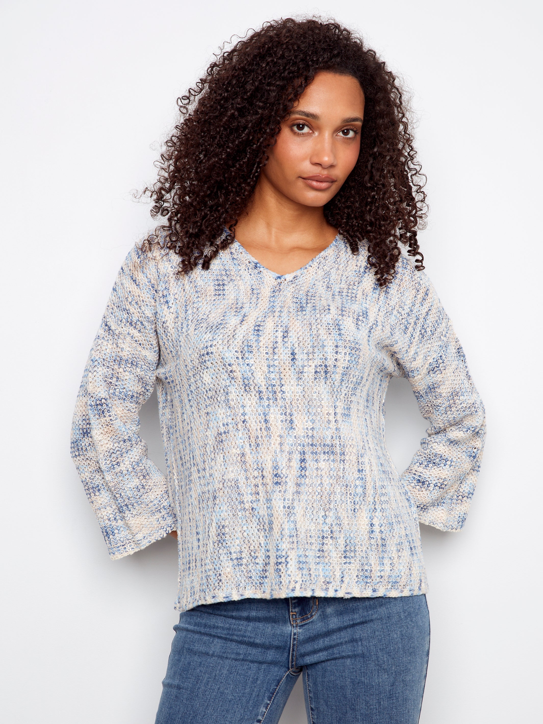 3/4 Sleeve V-Neck Crochet Sweater