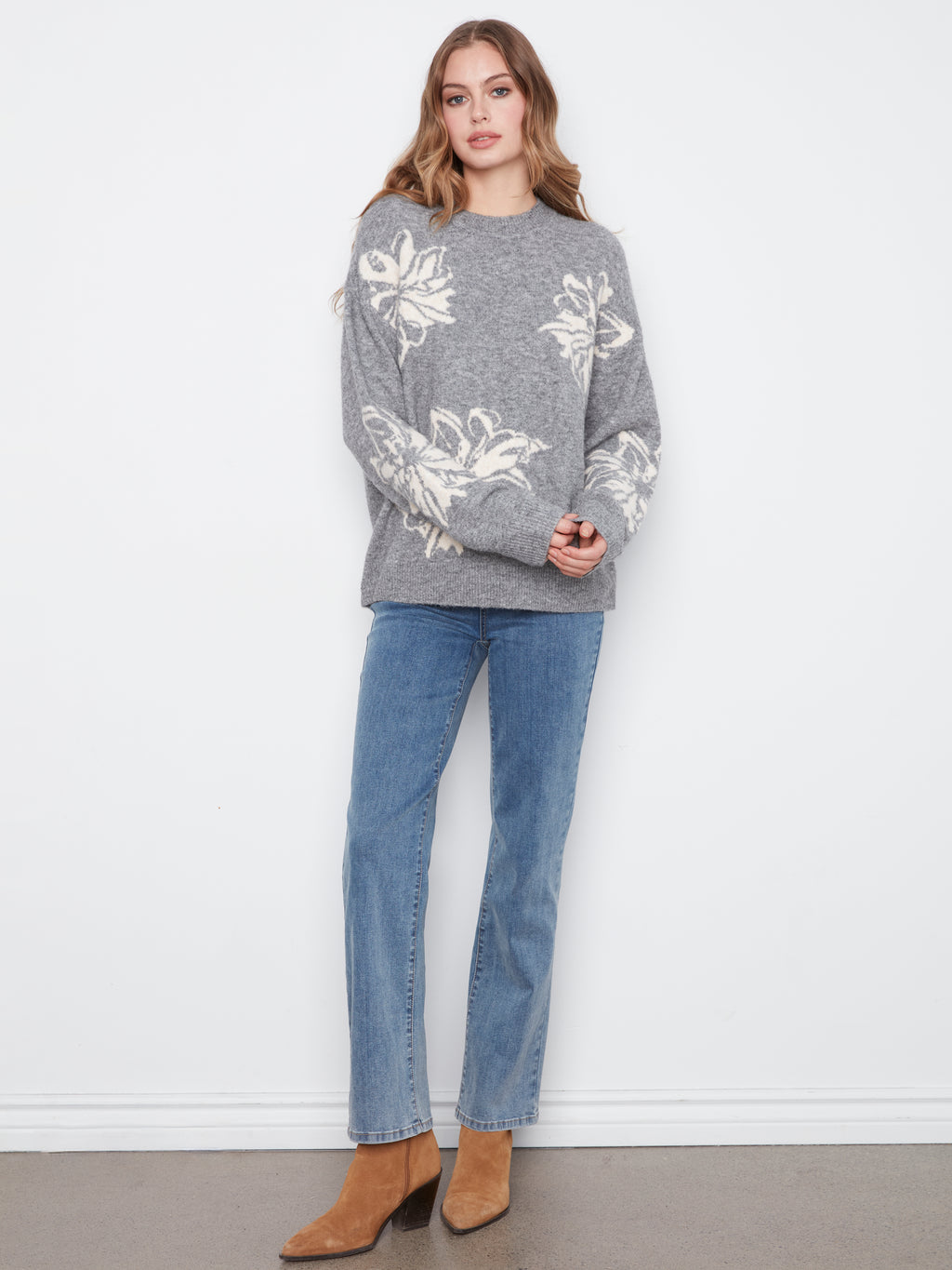 Drop Shoulder Crew Neck Jacquard Sweater