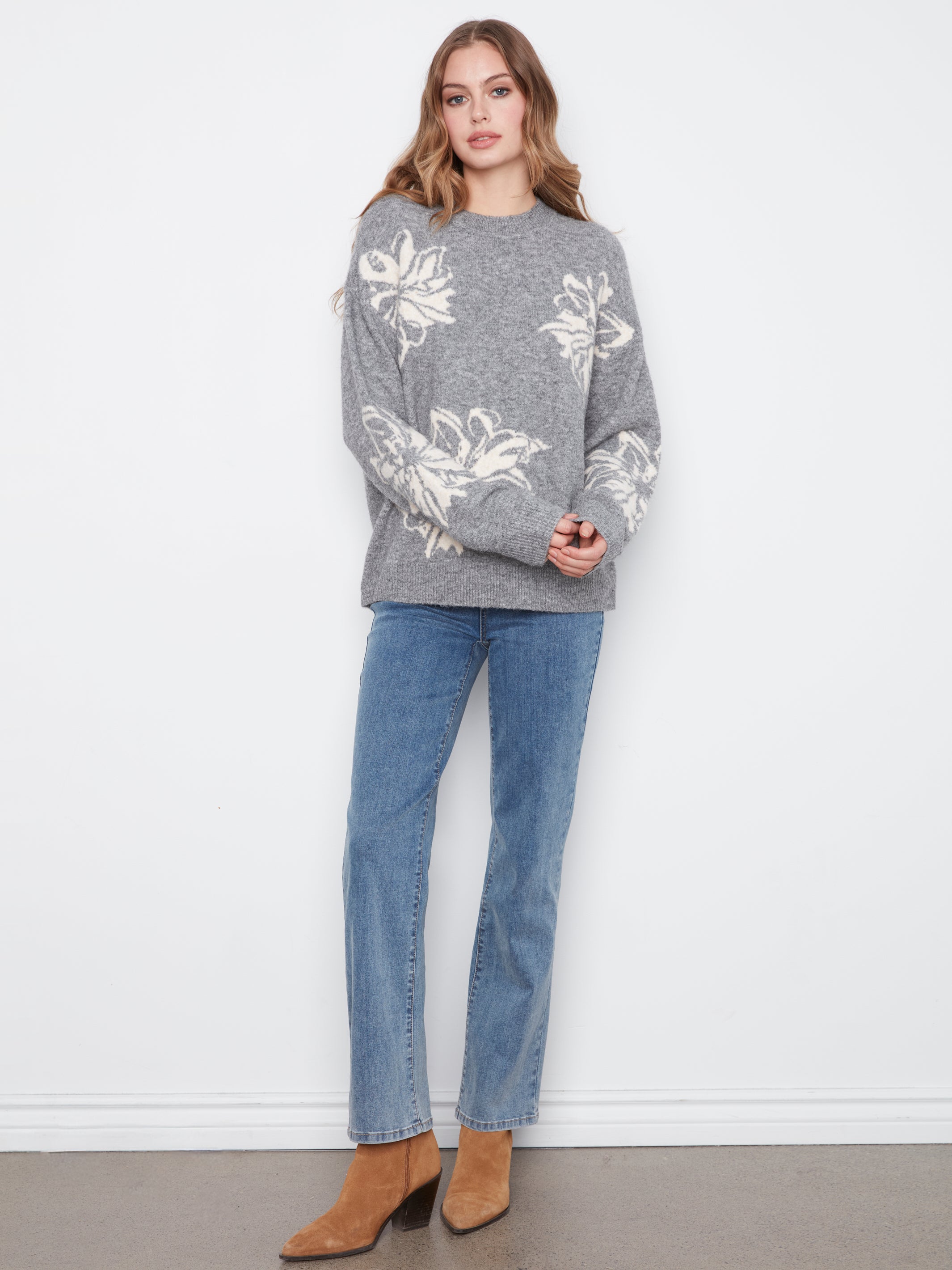 Drop Shoulder Crew Neck Jacquard Sweater