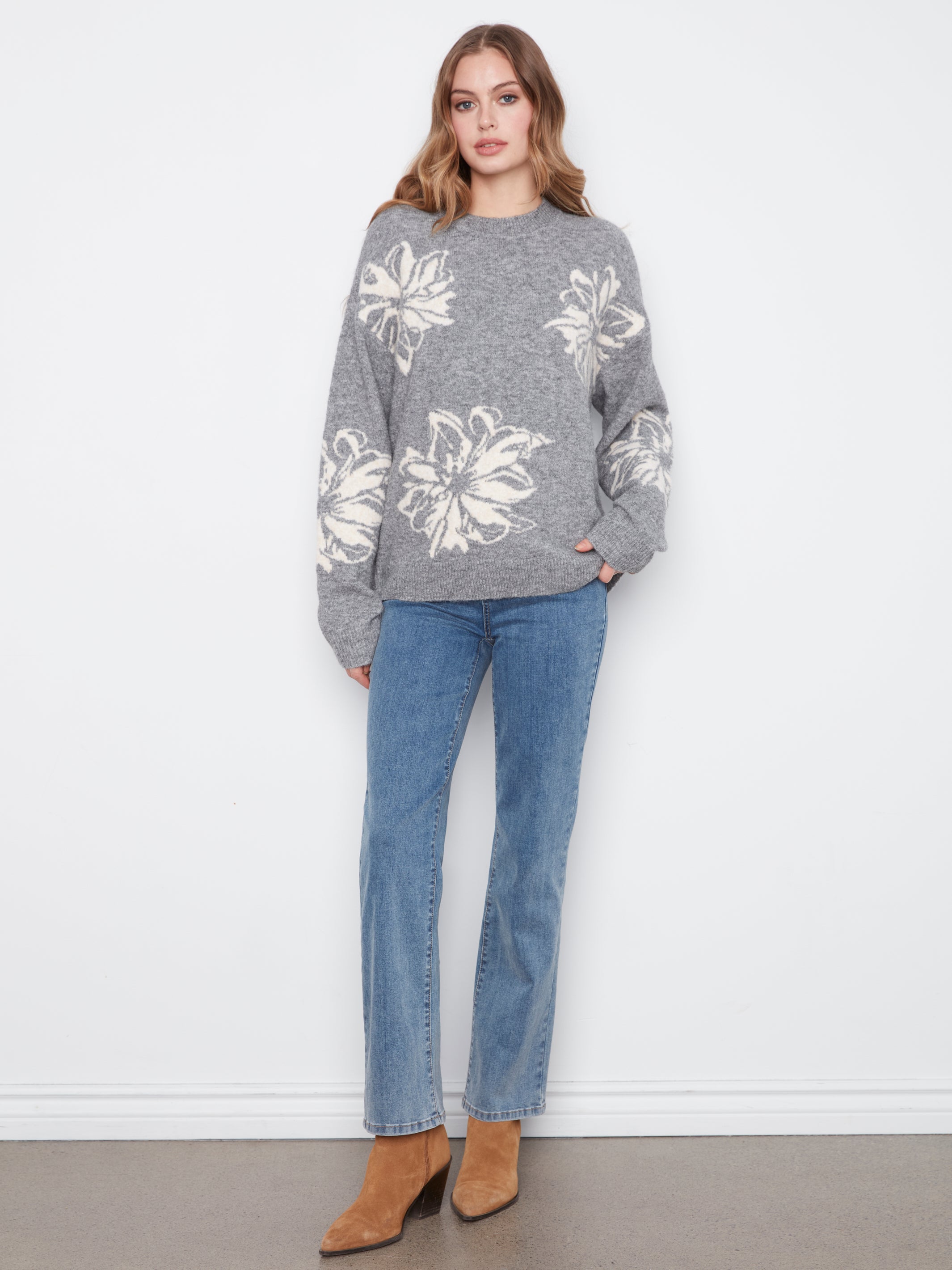 Drop Shoulder Crew Neck Jacquard Sweater