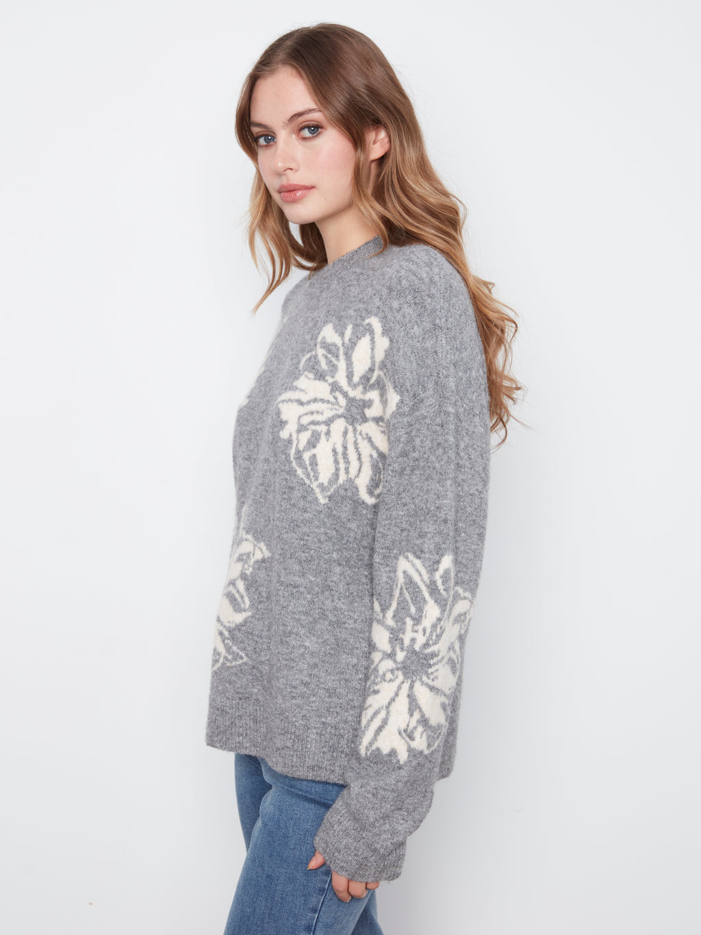 Drop Shoulder Crew Neck Jacquard Sweater