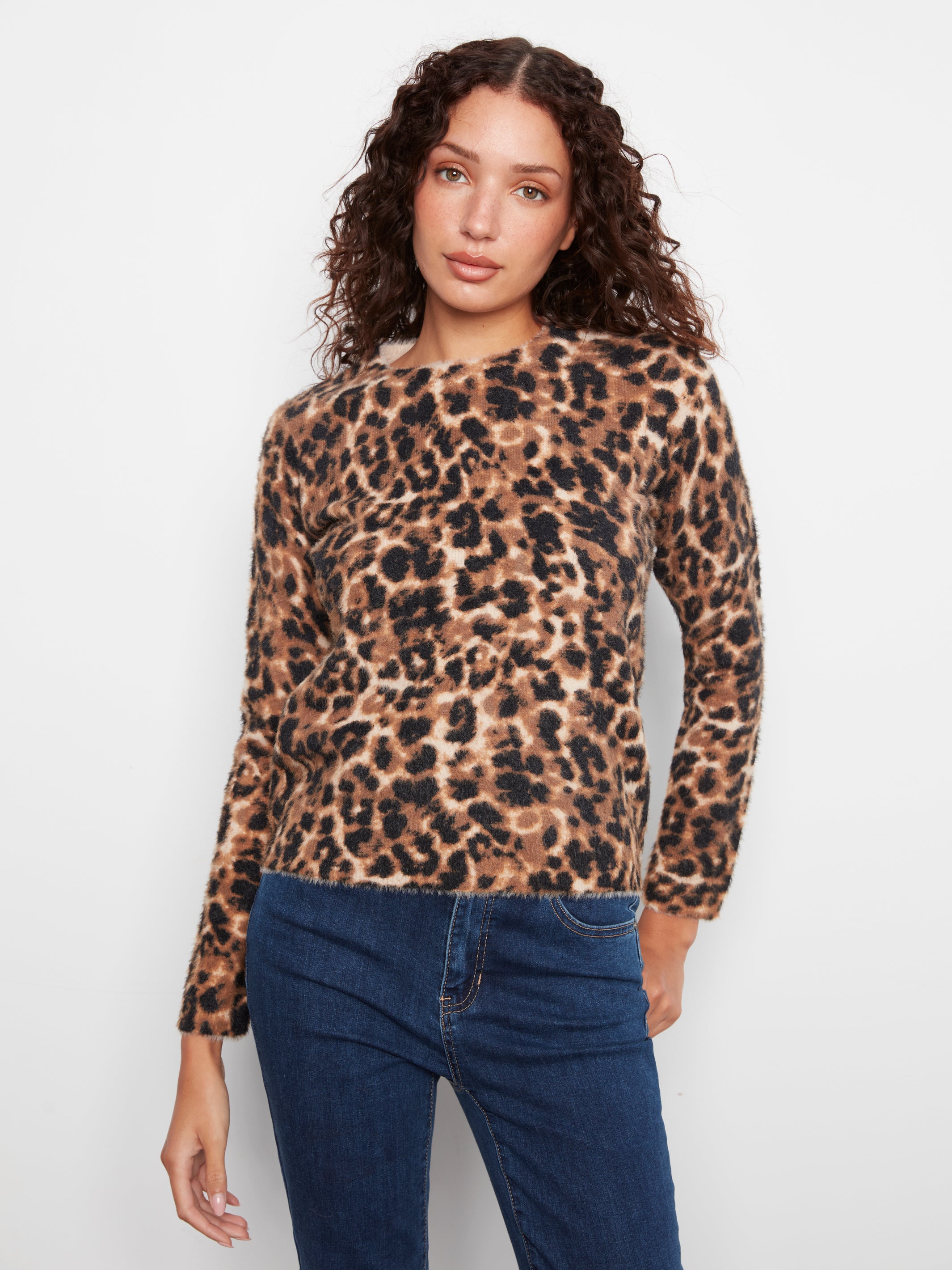 Fuzzy Knit Crew Neck Printed Sweater