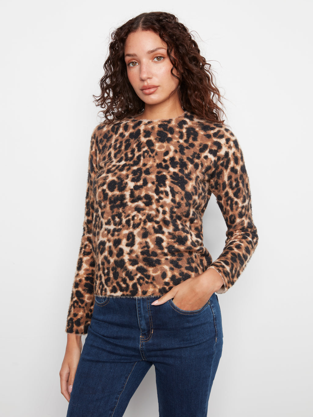 Fuzzy Knit Crew Neck Printed Sweater