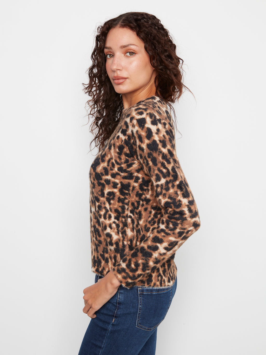 Fuzzy Knit Crew Neck Printed Sweater