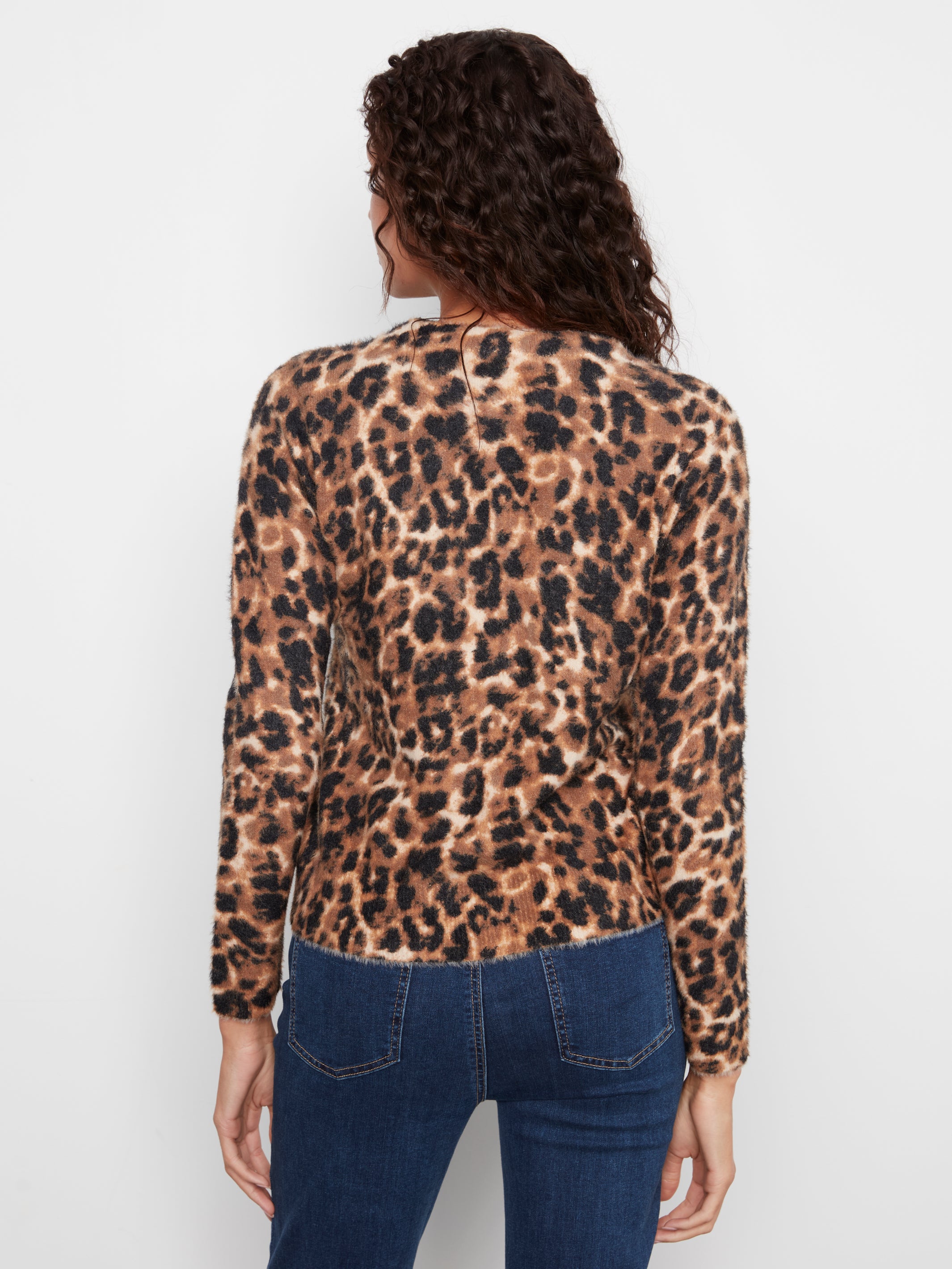 Fuzzy Knit Crew Neck Printed Sweater