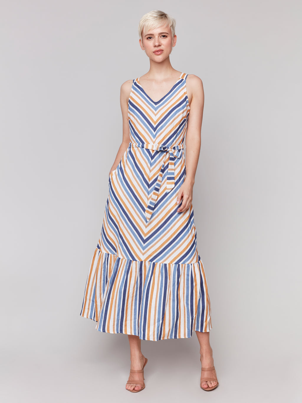 Striped Linen Blend Maxi Dress with Sash