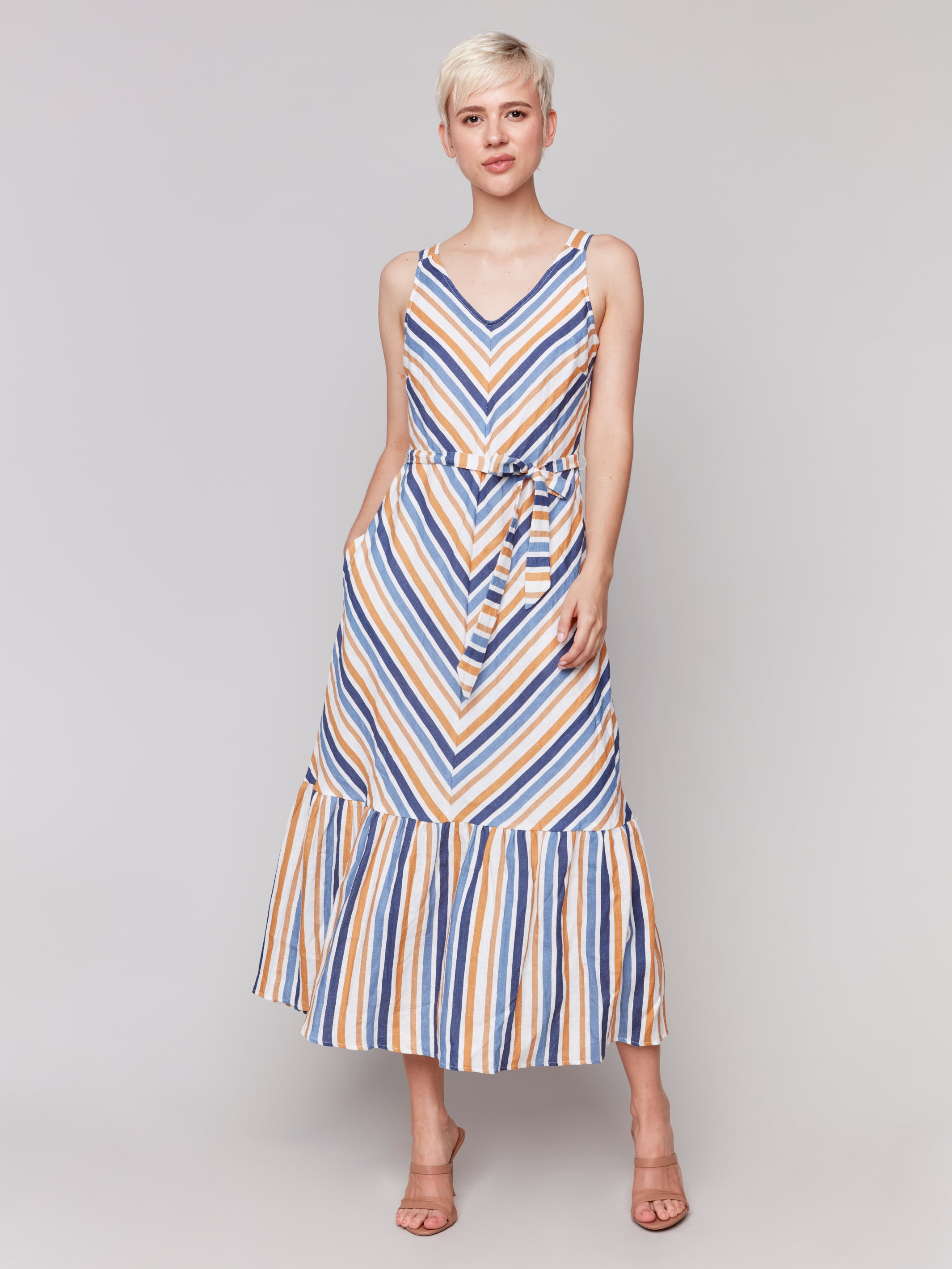 Striped Linen Blend Maxi Dress with Sash