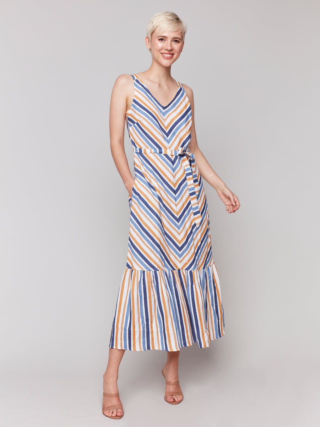 Striped Linen Blend Maxi Dress with Sash