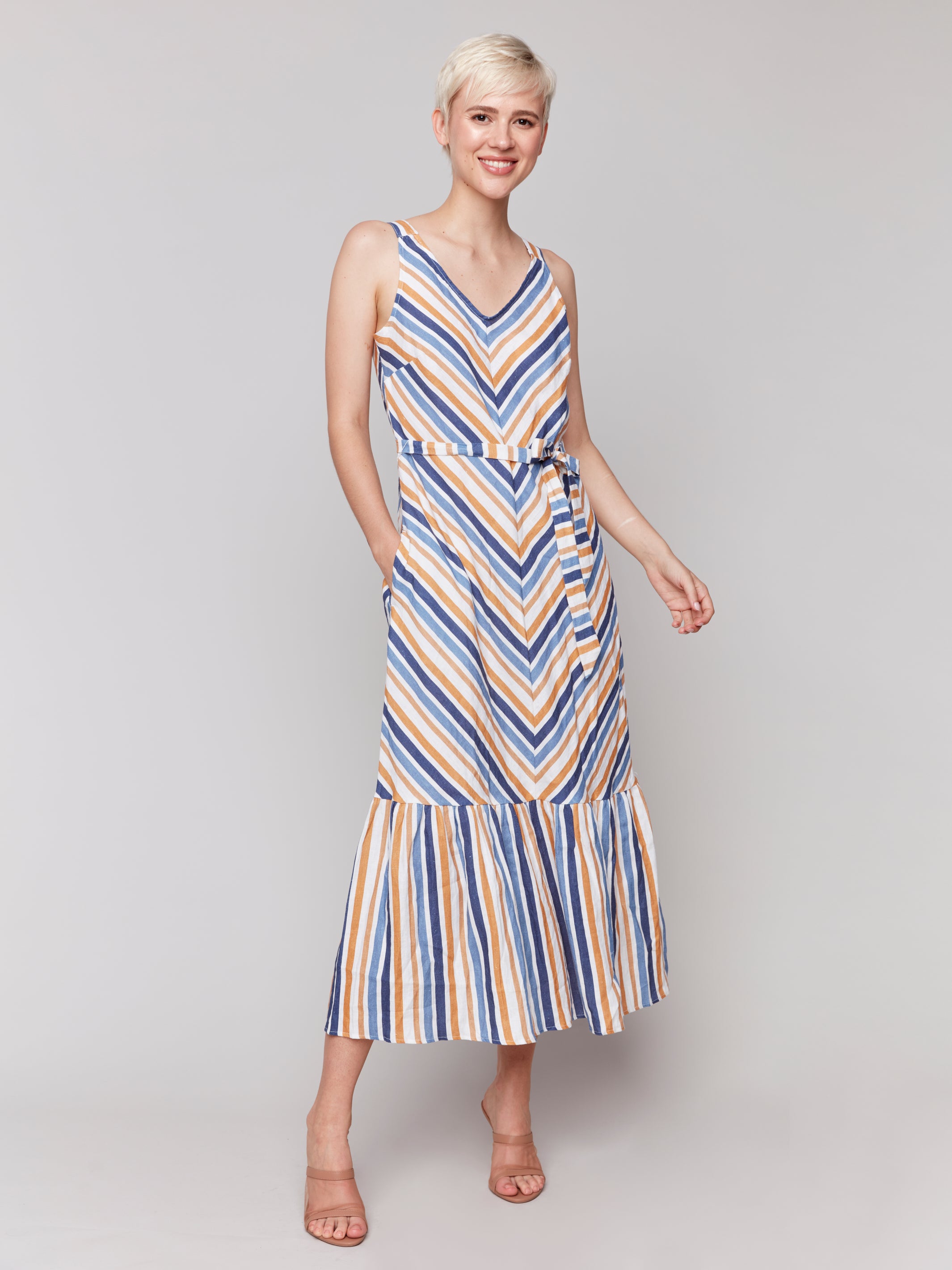 Striped Linen Blend Maxi Dress with Sash
