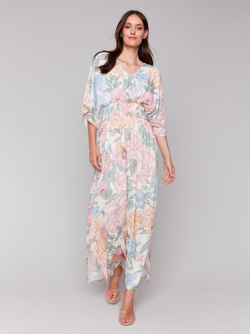 Printed Dolman Sleeve Maxi Dress with Side Slits