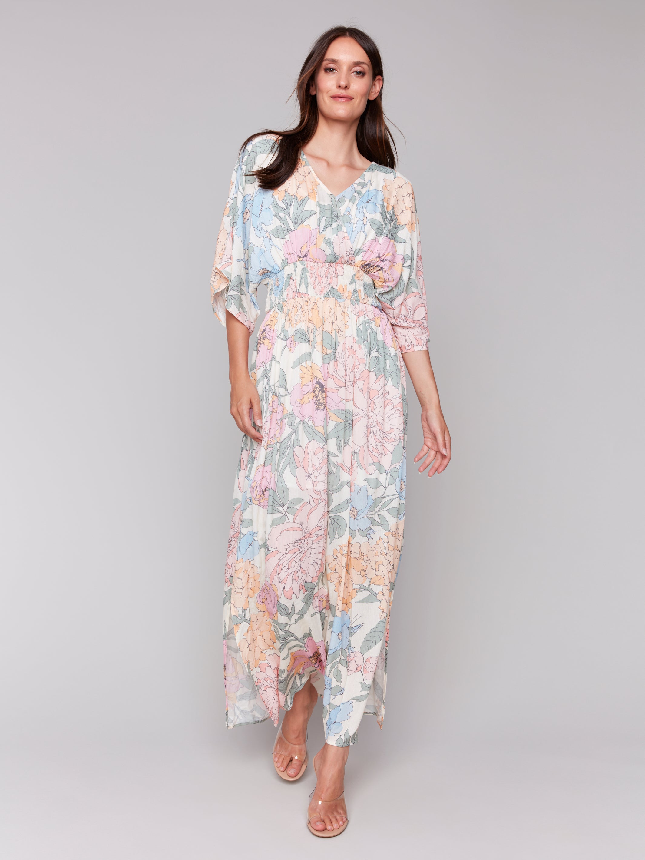Printed Dolman Sleeve Maxi Dress with Side Slits