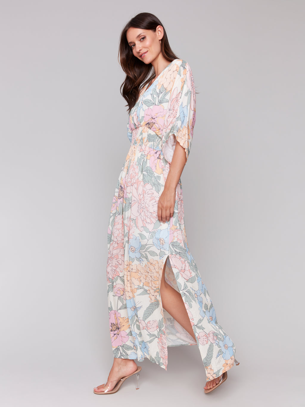Printed Dolman Sleeve Maxi Dress with Side Slits