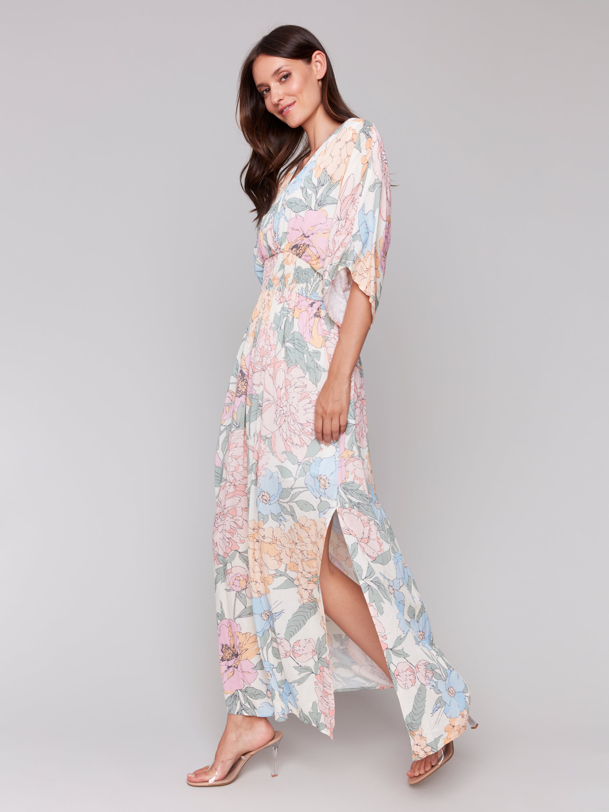 Printed Dolman Sleeve Maxi Dress with Side Slits