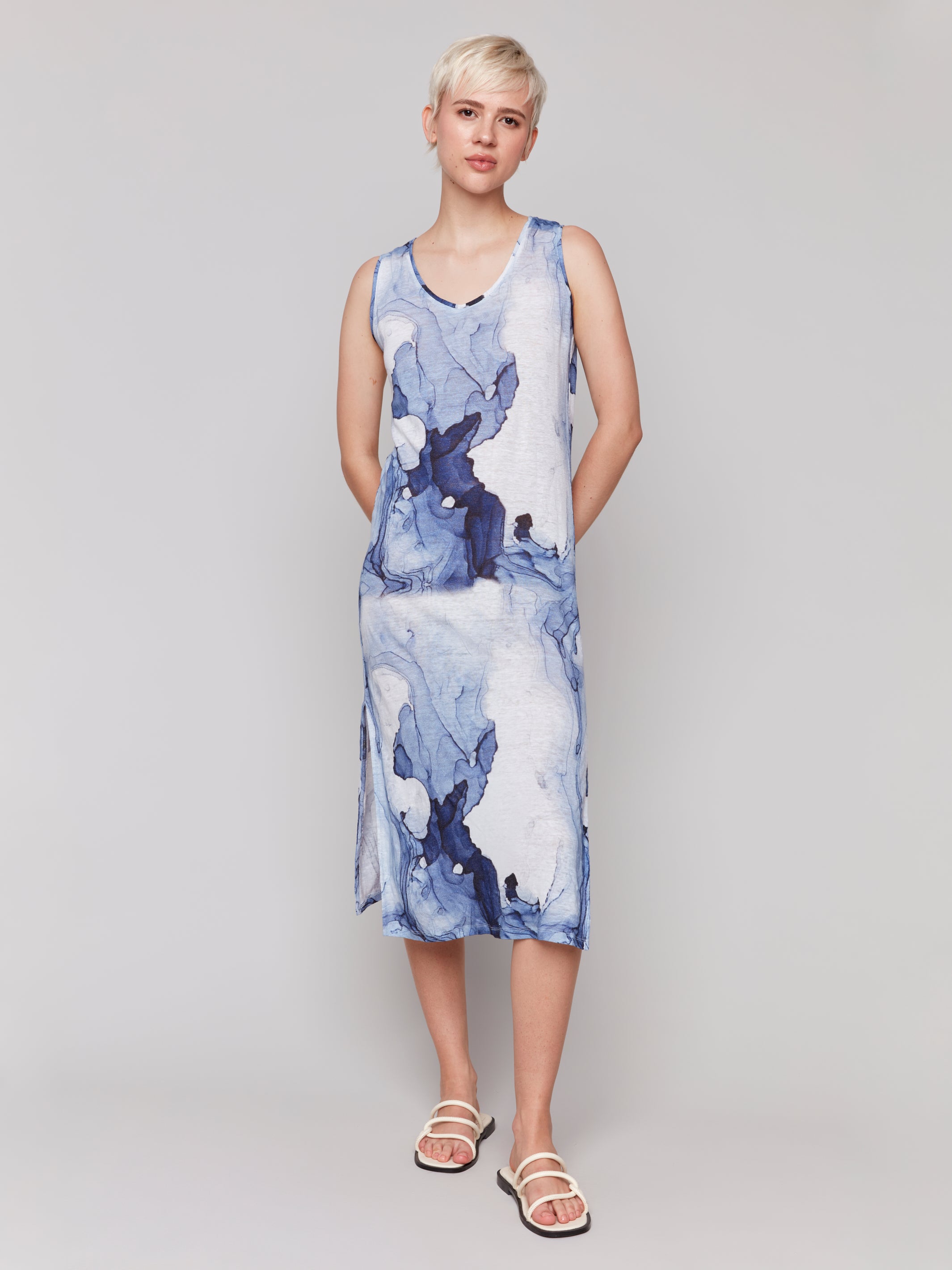 Printed Sleeveless Linen Blend Dress with Side Slits