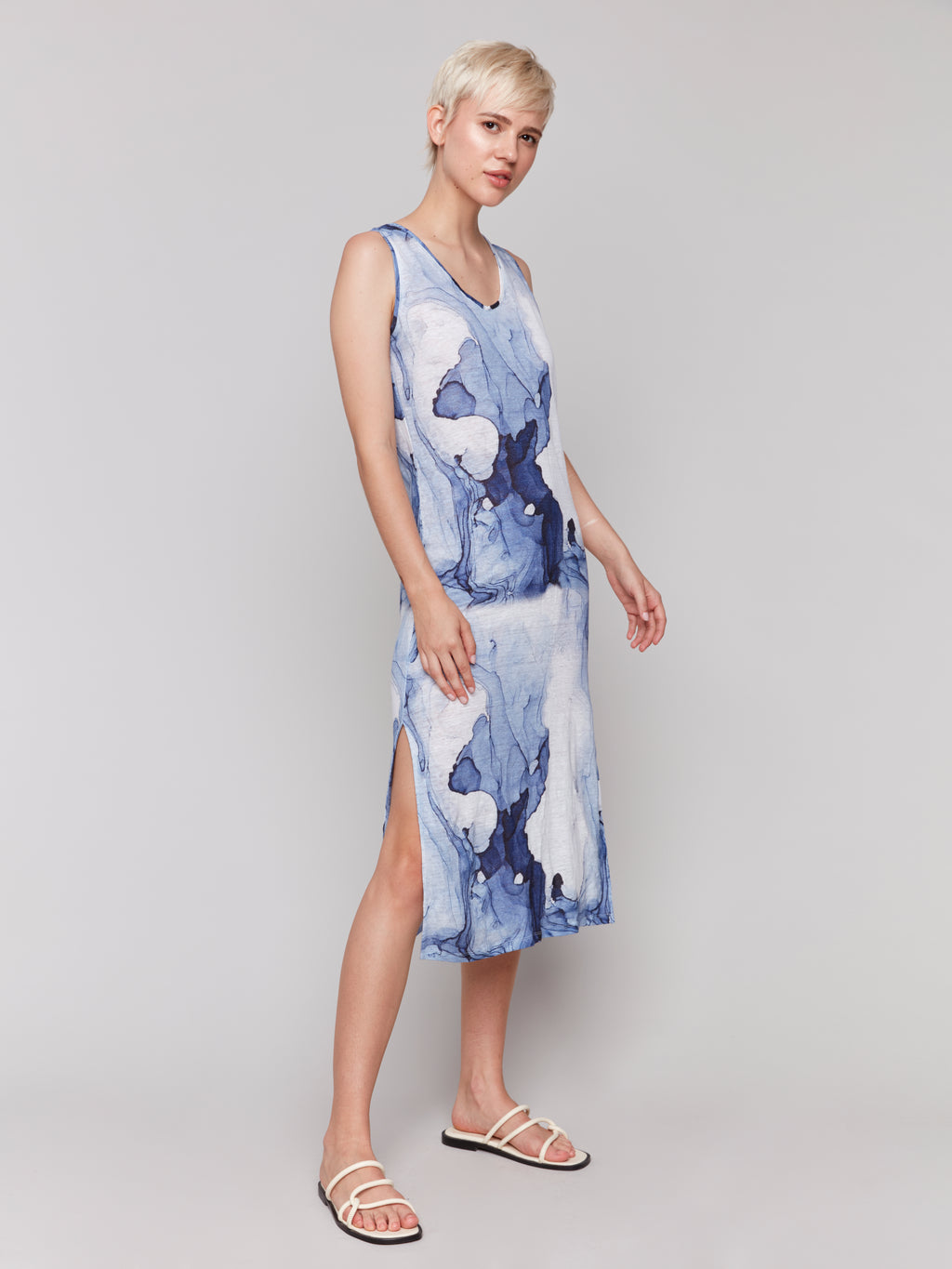 Printed Sleeveless Linen Blend Dress with Side Slits