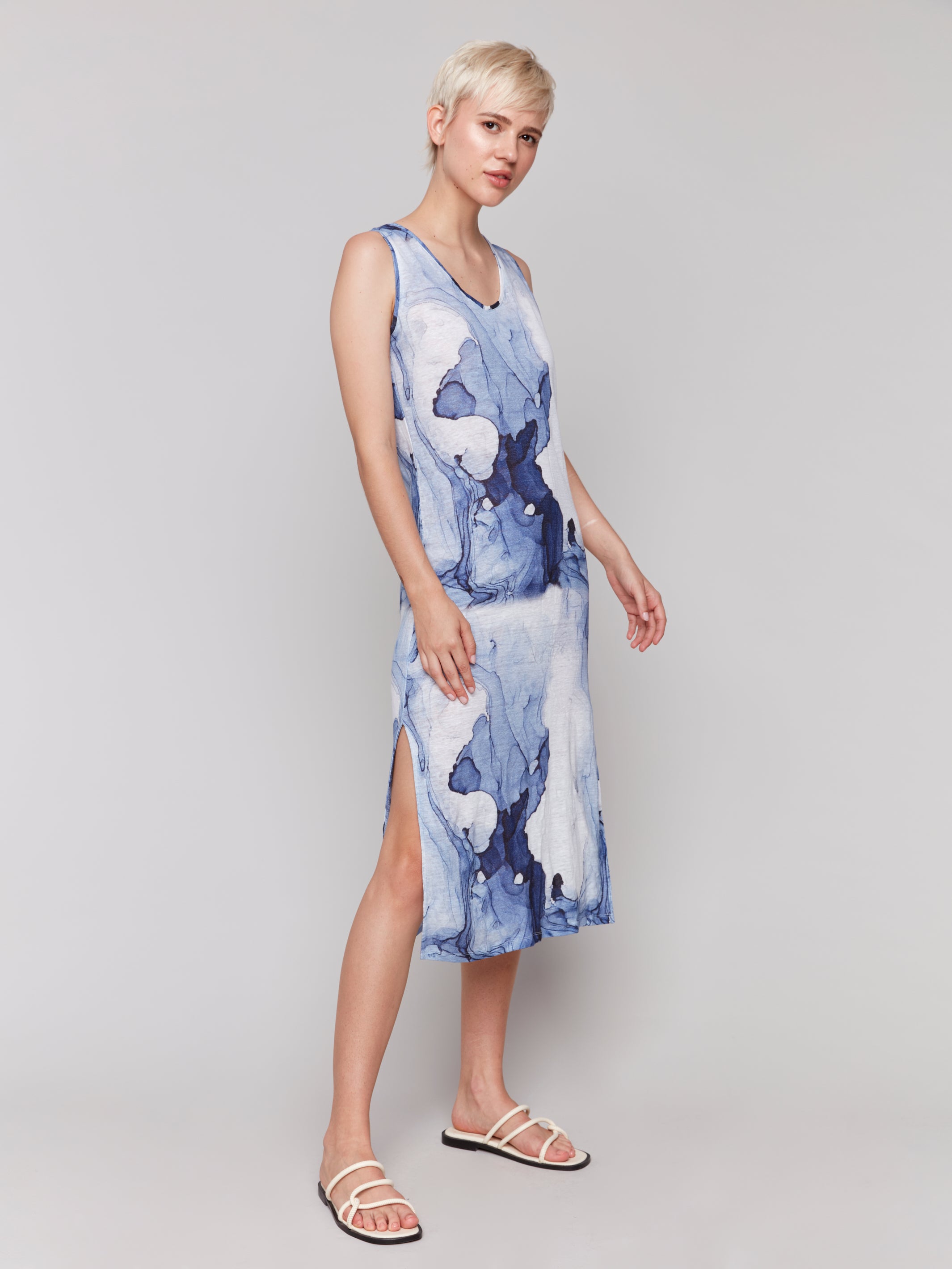 Printed Sleeveless Linen Blend Dress with Side Slits