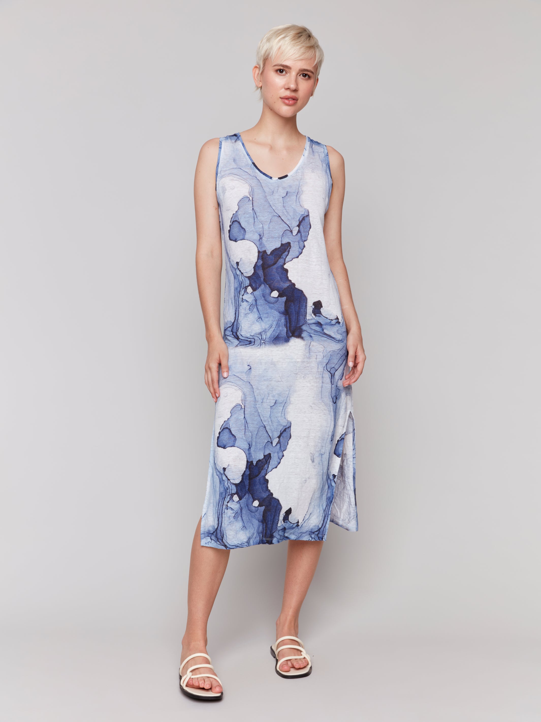 Printed Sleeveless Linen Blend Dress with Side Slits