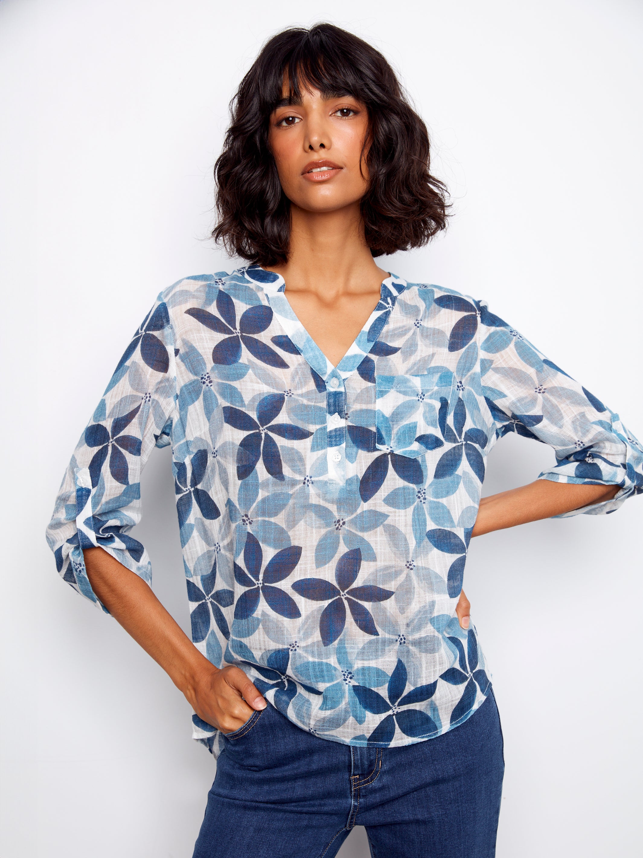 Printed Cotton Gauze Half-Button Blouse