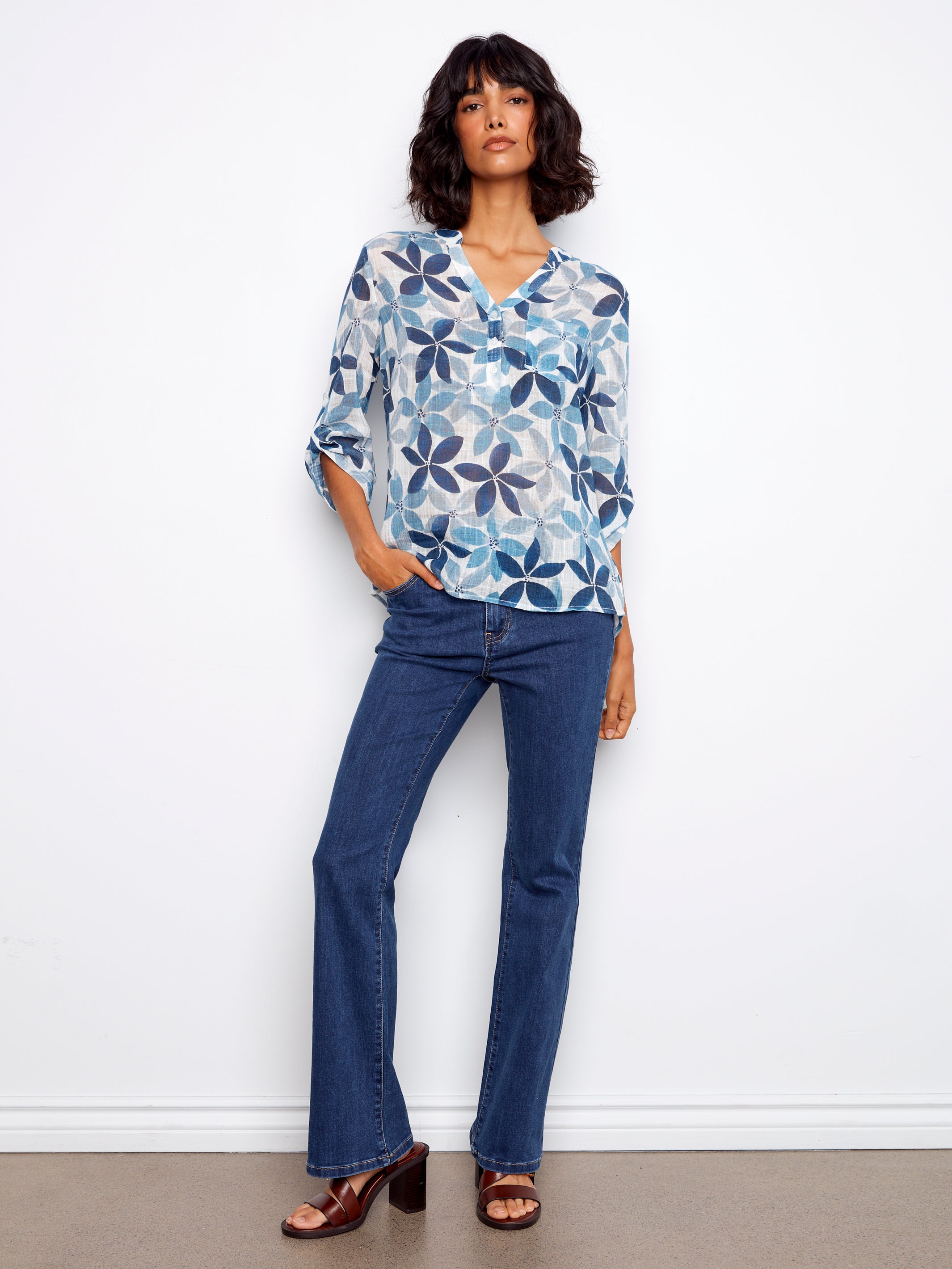 Printed Cotton Gauze Half-Button Blouse