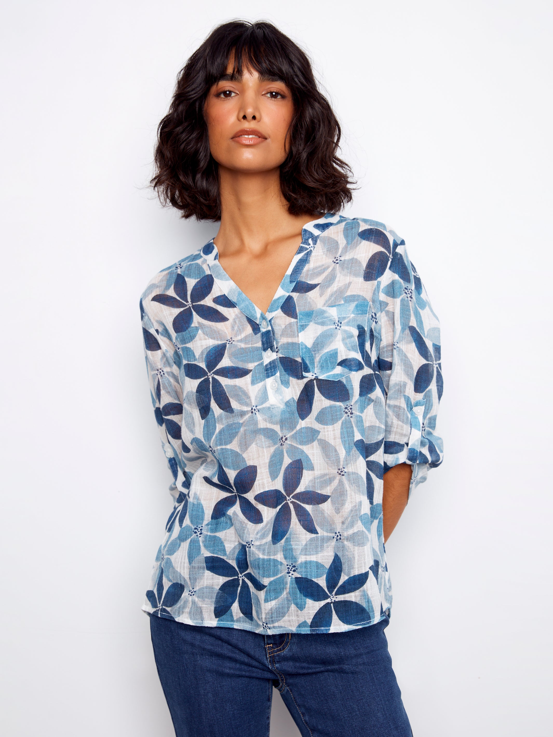 Printed Cotton Gauze Half-Button Blouse