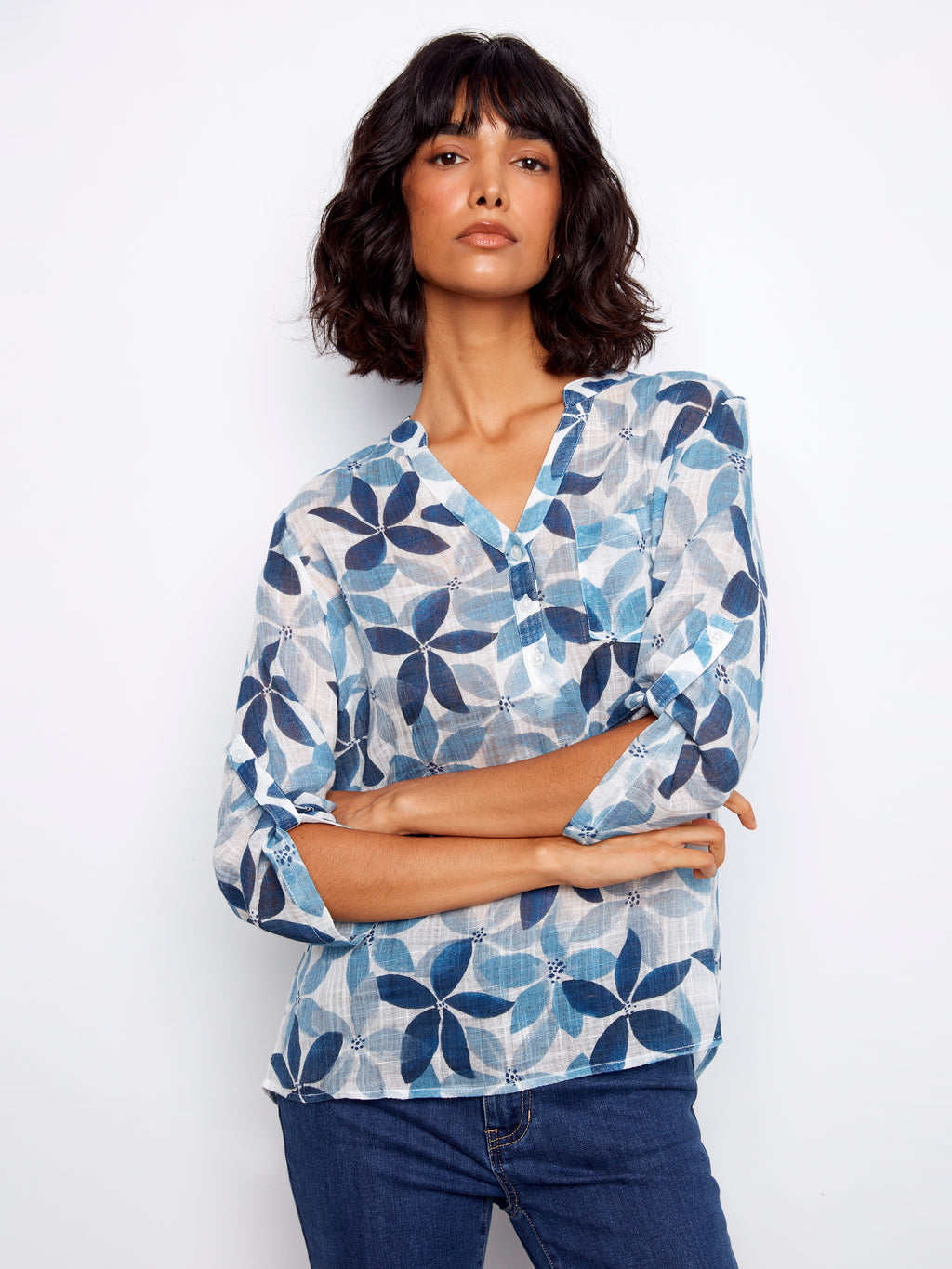 Printed Cotton Gauze Half-Button Blouse