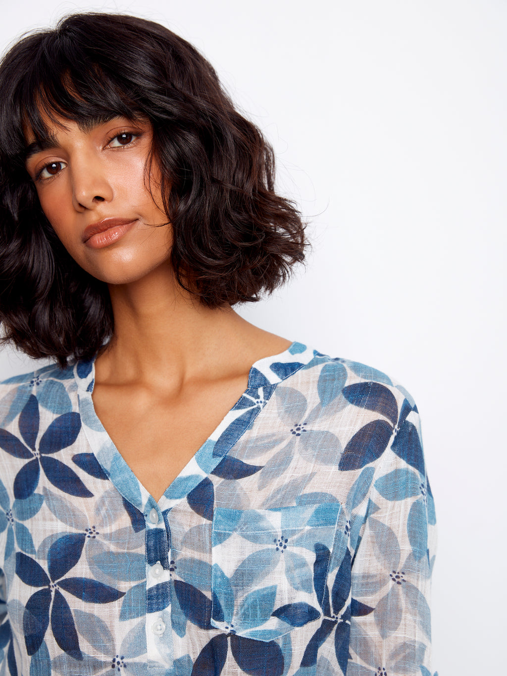 Printed Cotton Gauze Half-Button Blouse