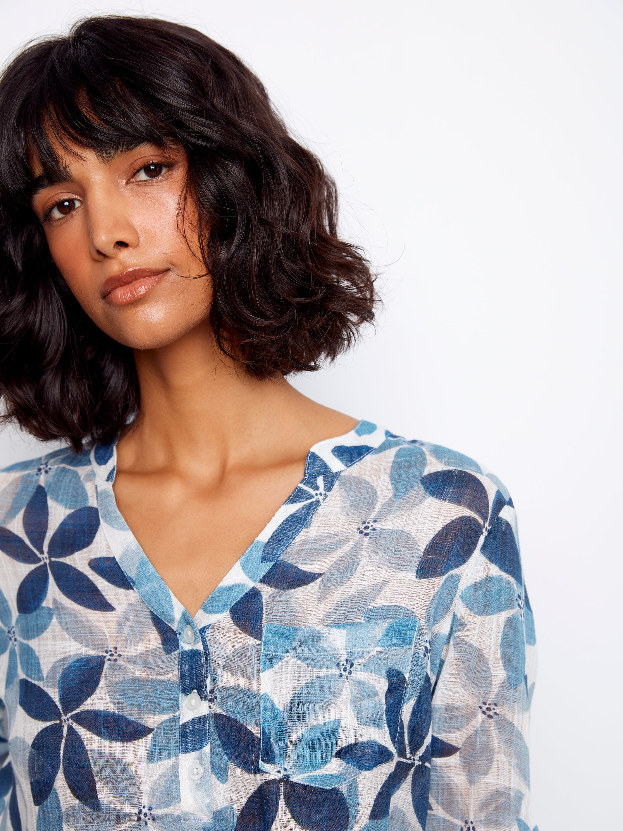 Printed Cotton Gauze Half-Button Blouse