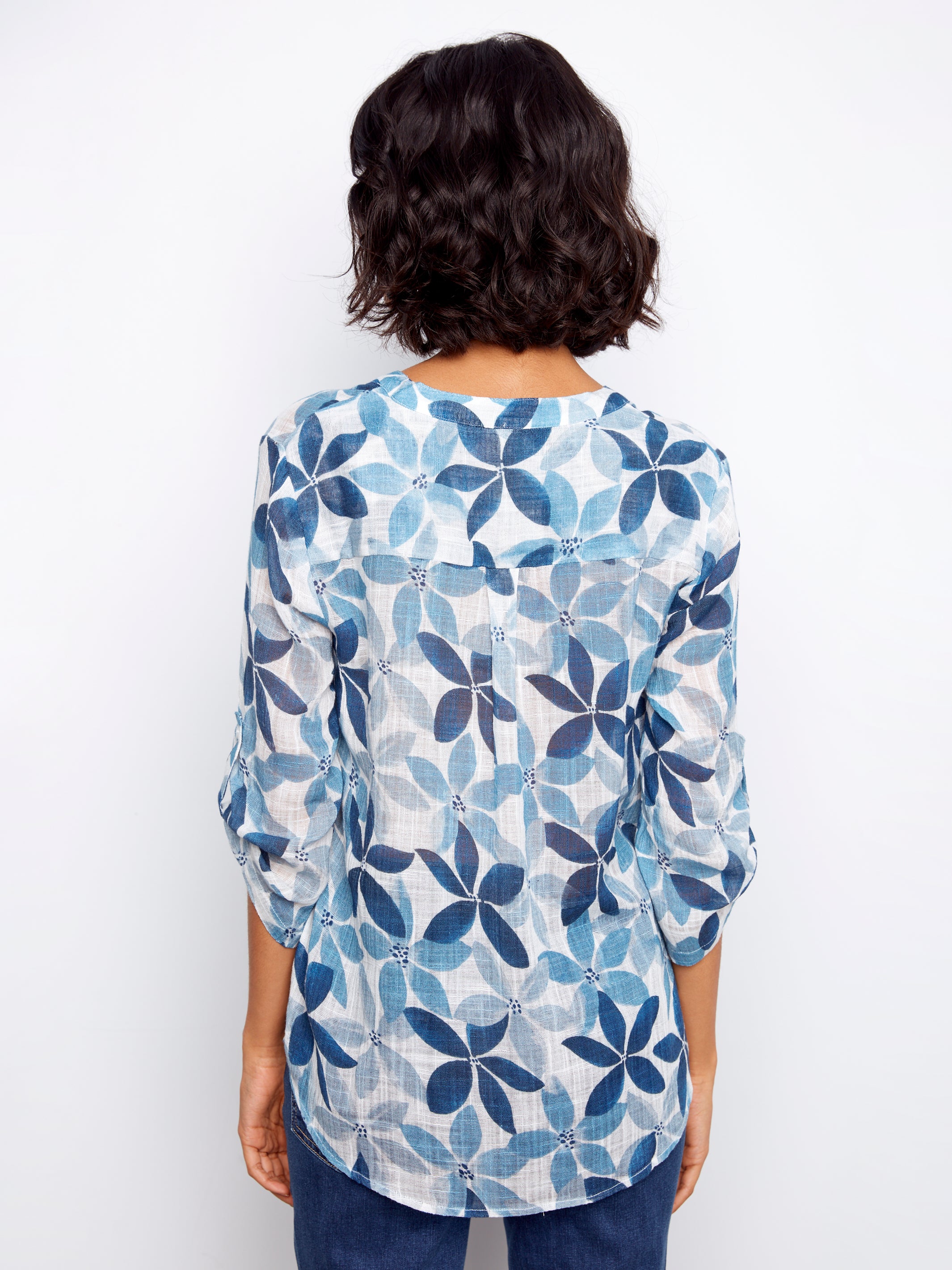 Printed Cotton Gauze Half-Button Blouse