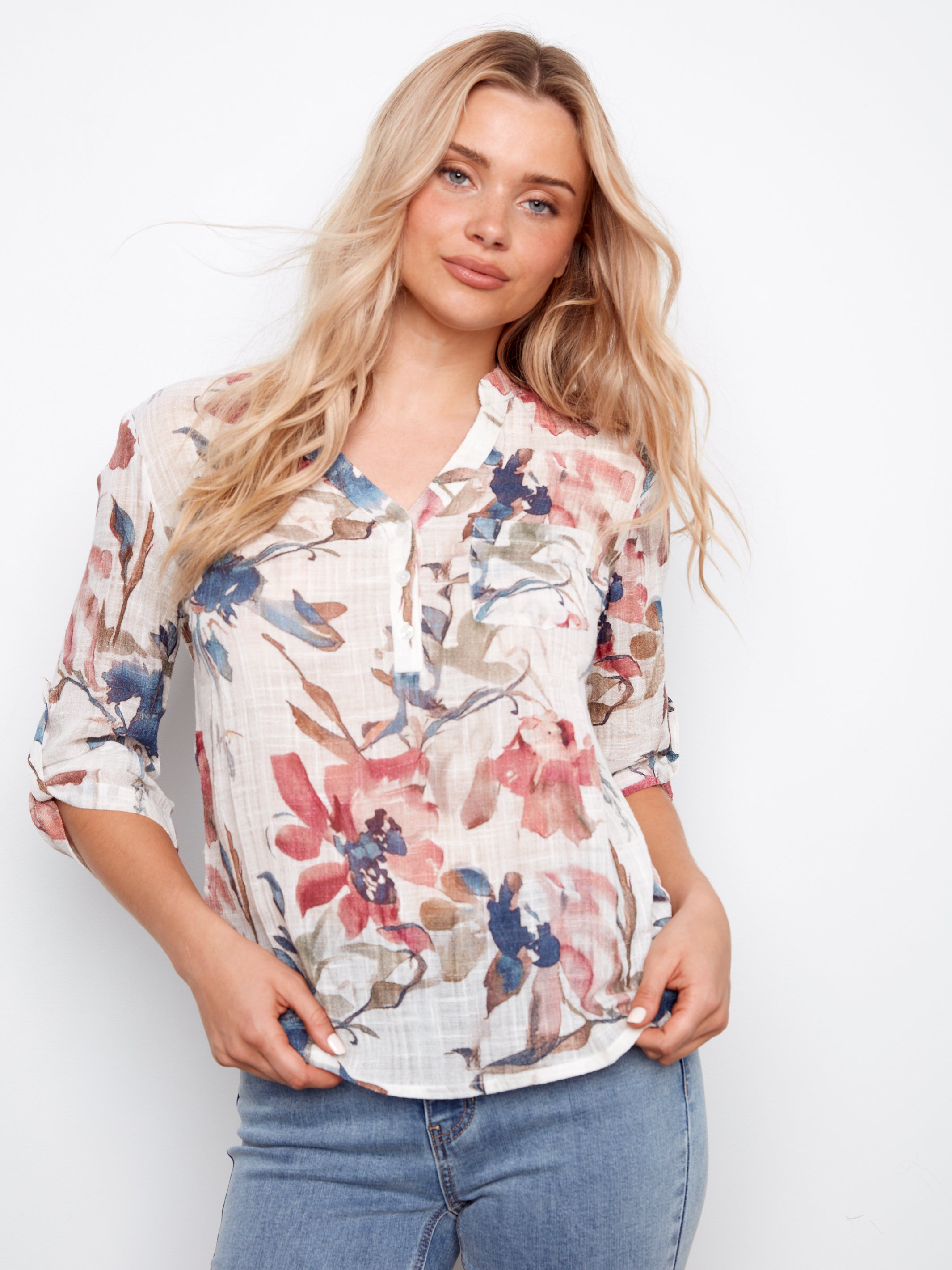 Printed Cotton Gauze Half-Button Blouse