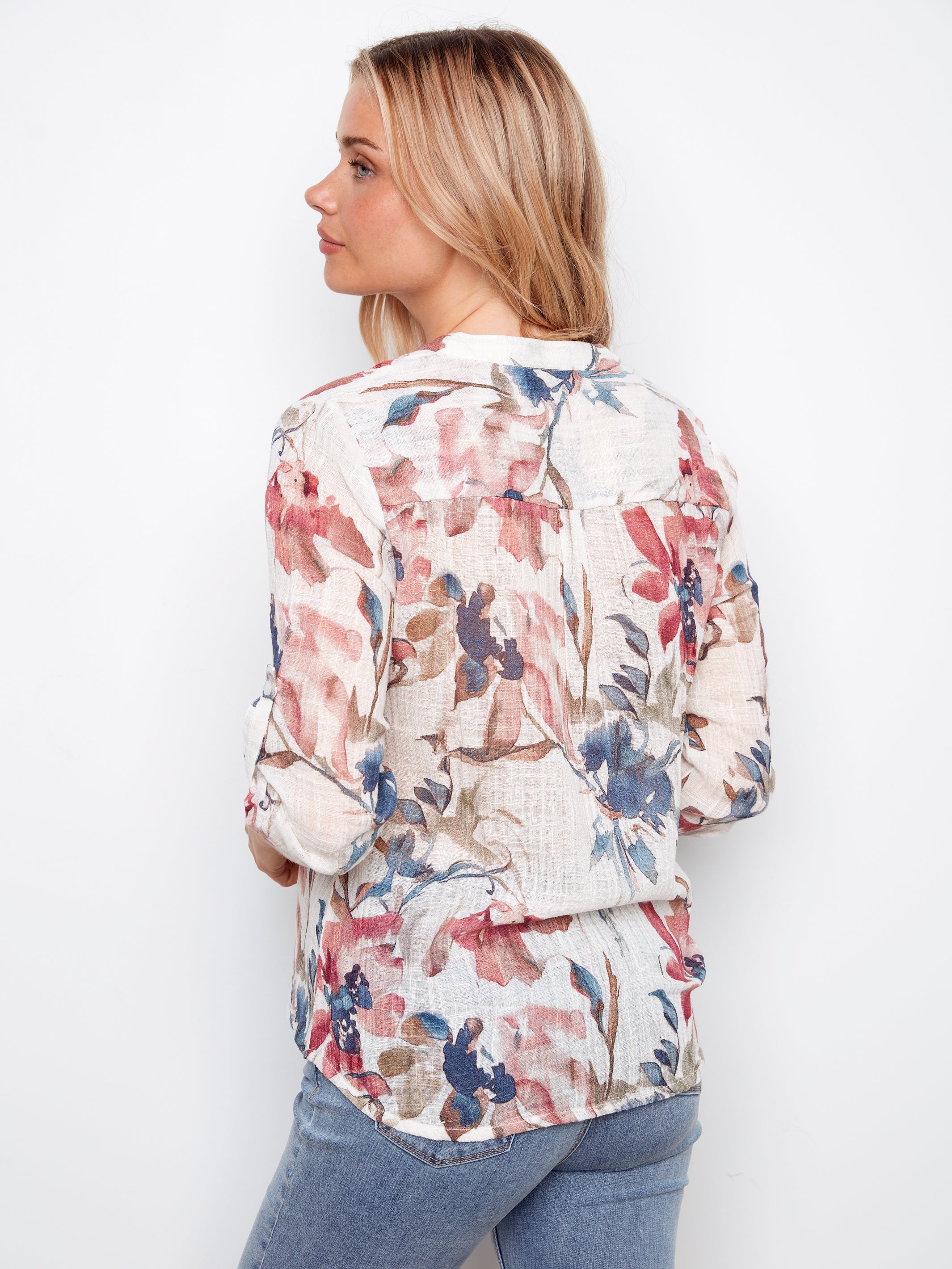 Printed Cotton Gauze Half-Button Blouse