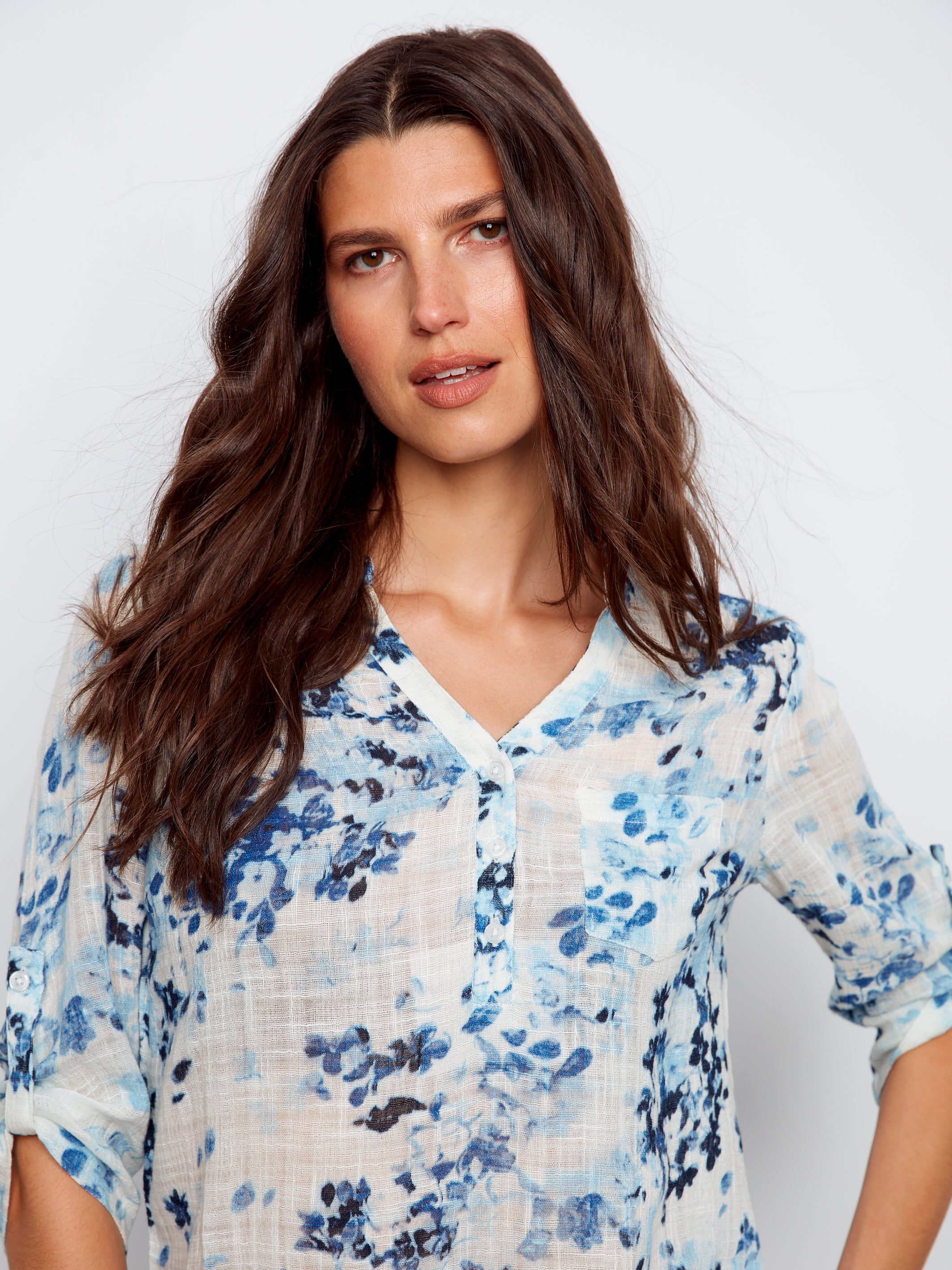 Printed Cotton Gauze Half-Button Blouse