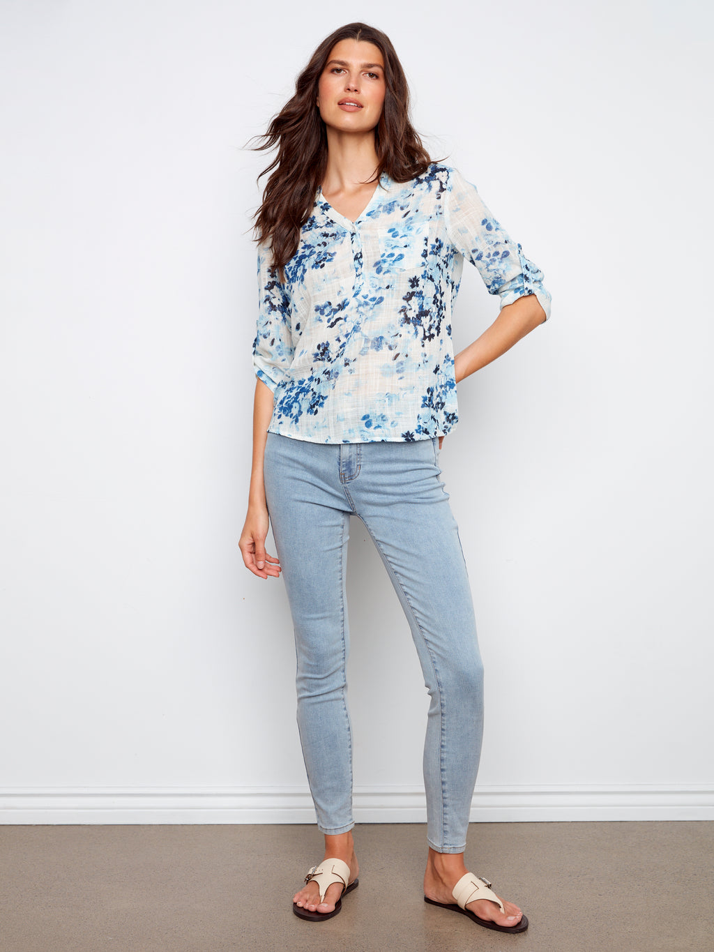 Printed Cotton Gauze Half-Button Blouse