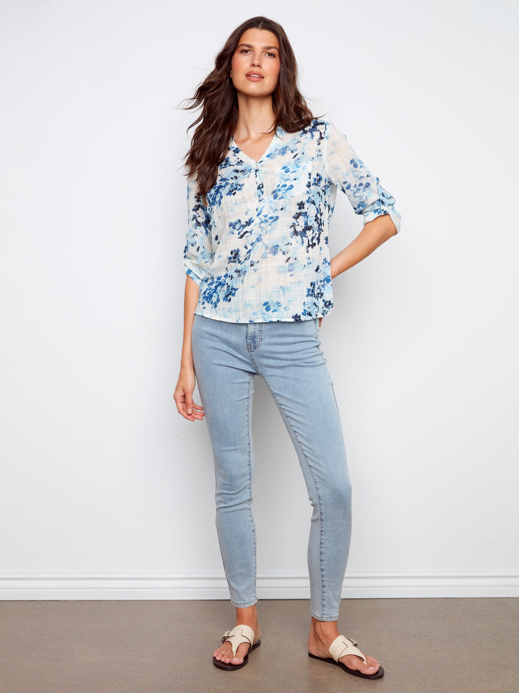 Printed Cotton Gauze Half-Button Blouse