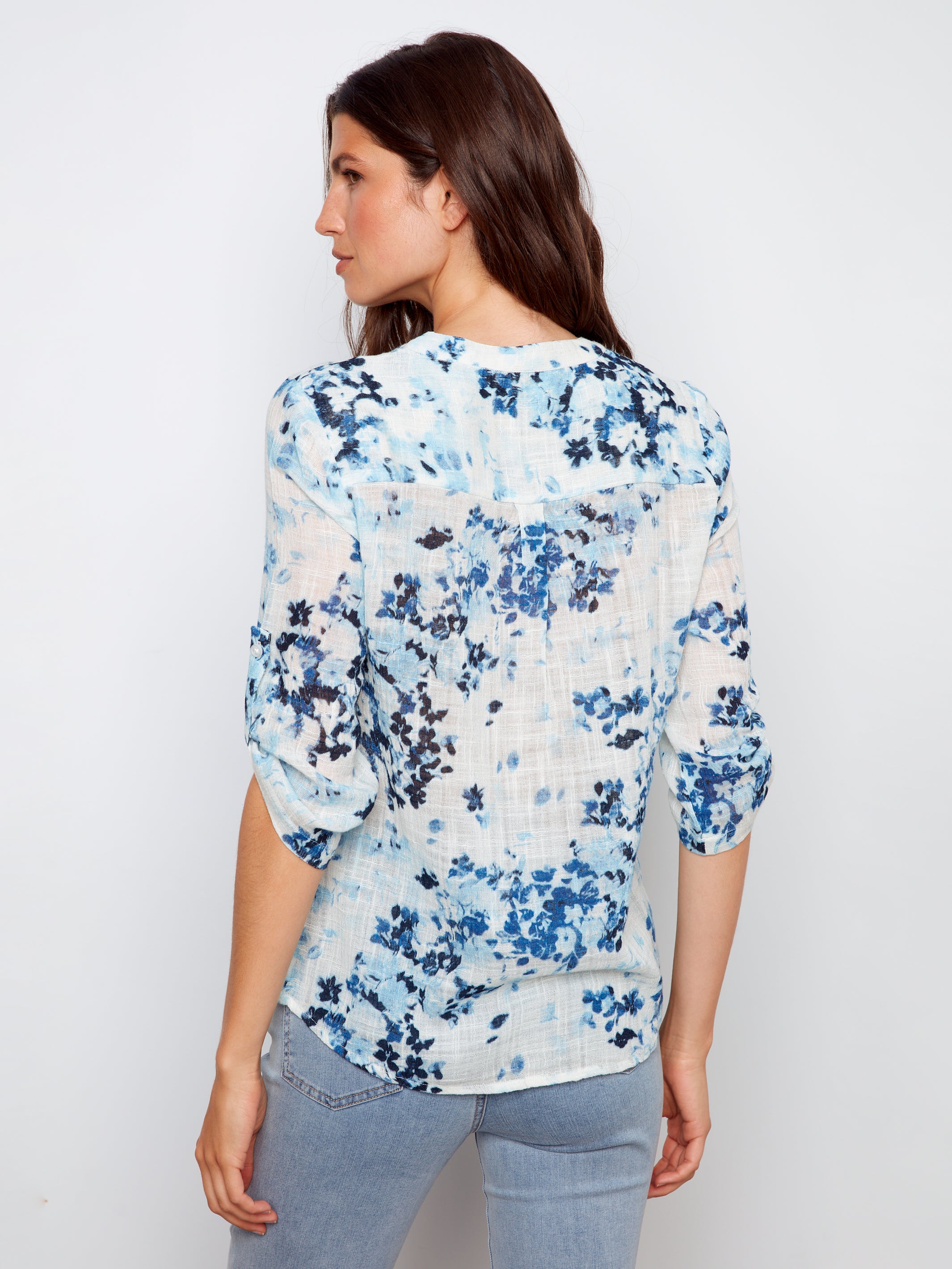 Printed Cotton Gauze Half-Button Blouse