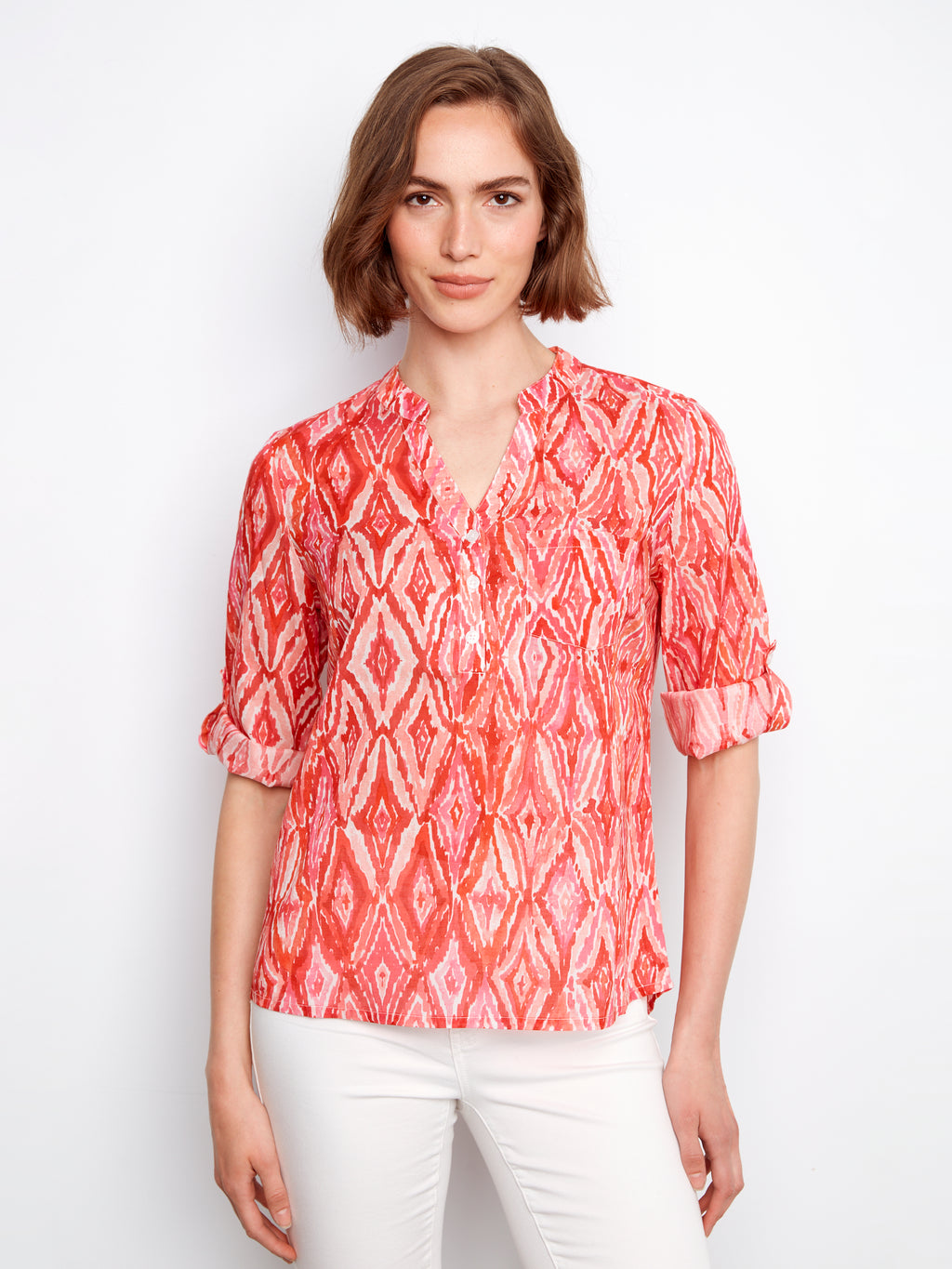Printed Cotton Gauze Half-Button Blouse