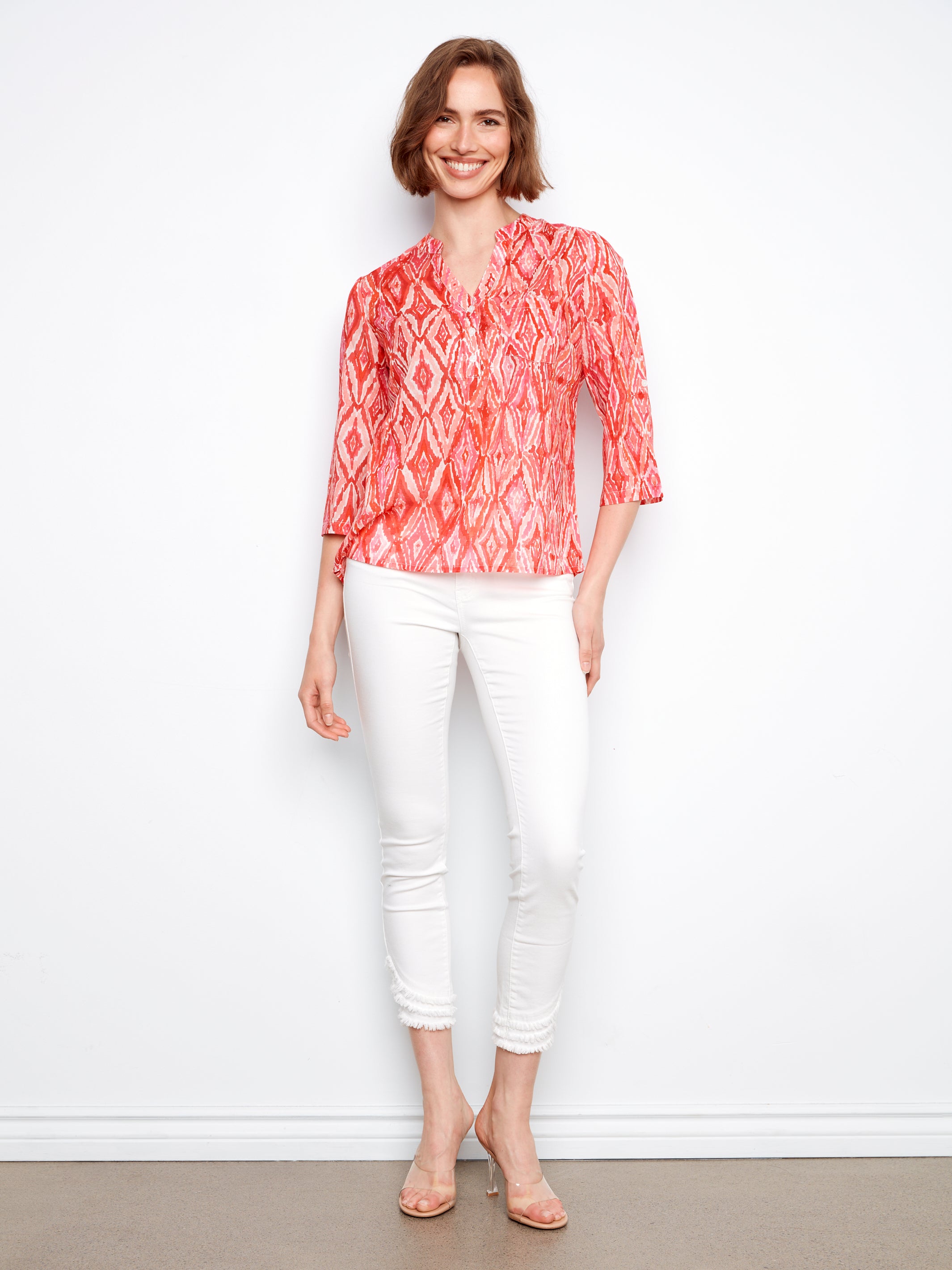 Printed Cotton Gauze Half-Button Blouse