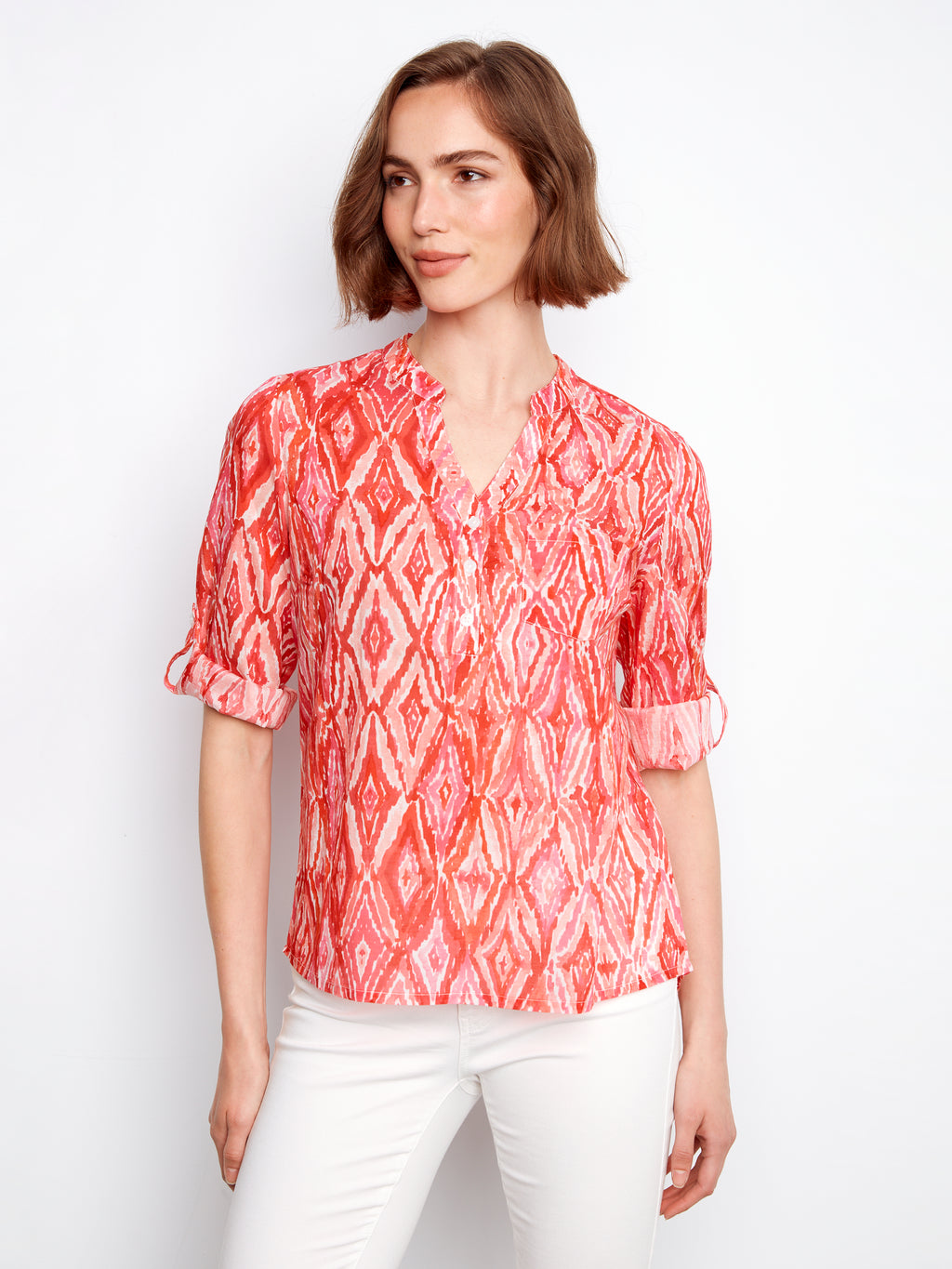 Printed Cotton Gauze Half-Button Blouse