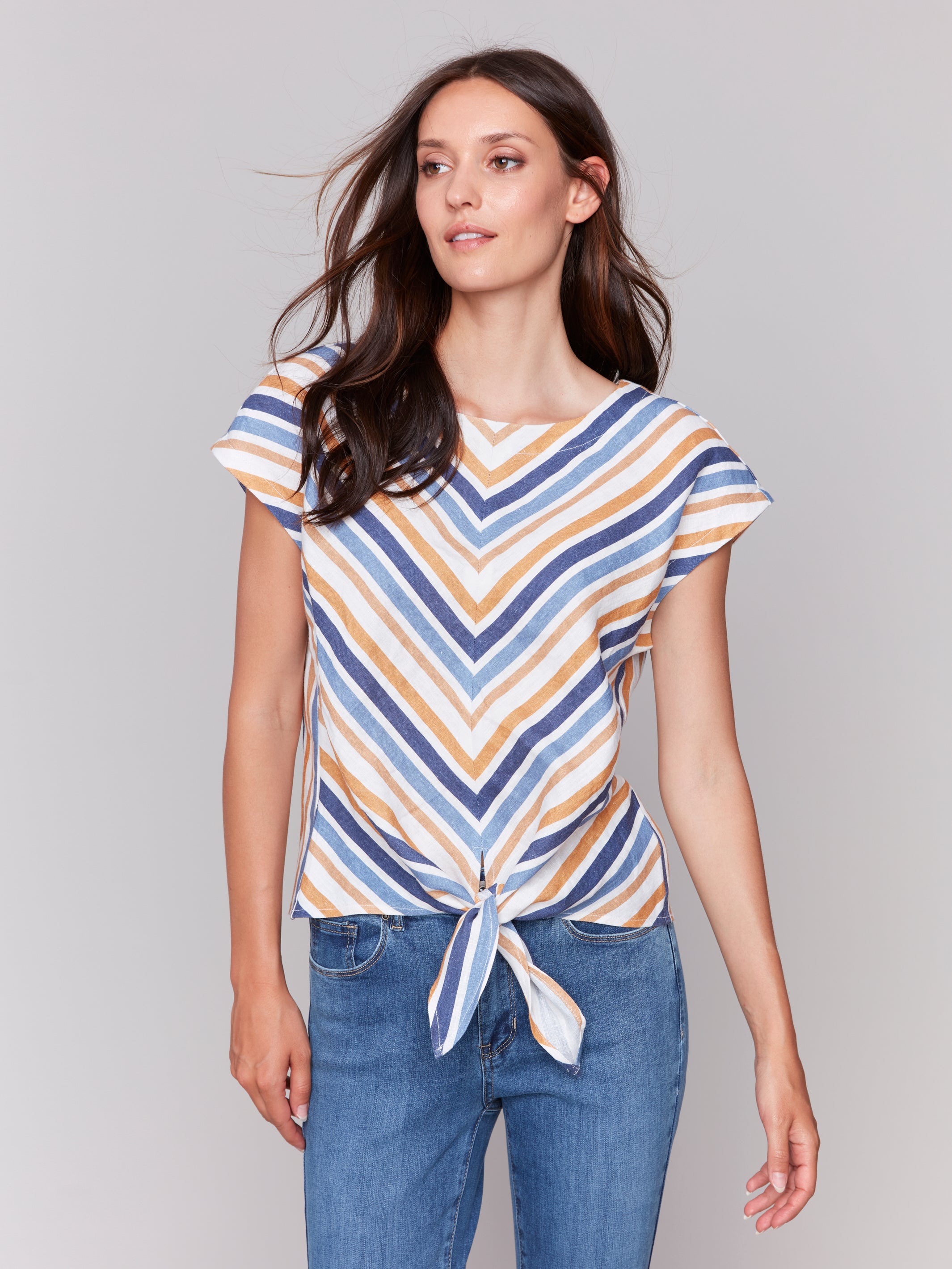 Striped Linen Blend Tie-Front Blouse