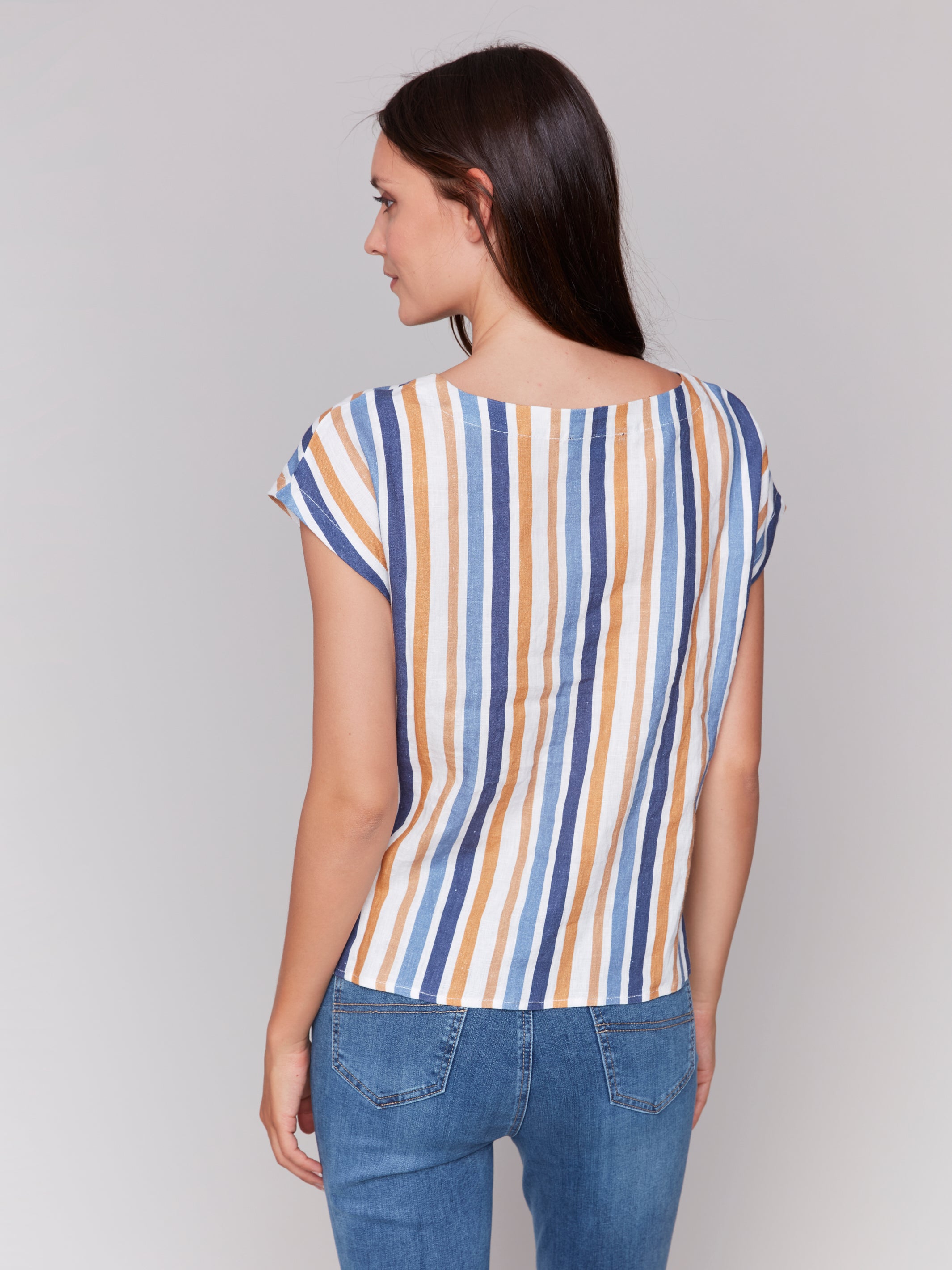 Striped Linen Blend Tie-Front Blouse