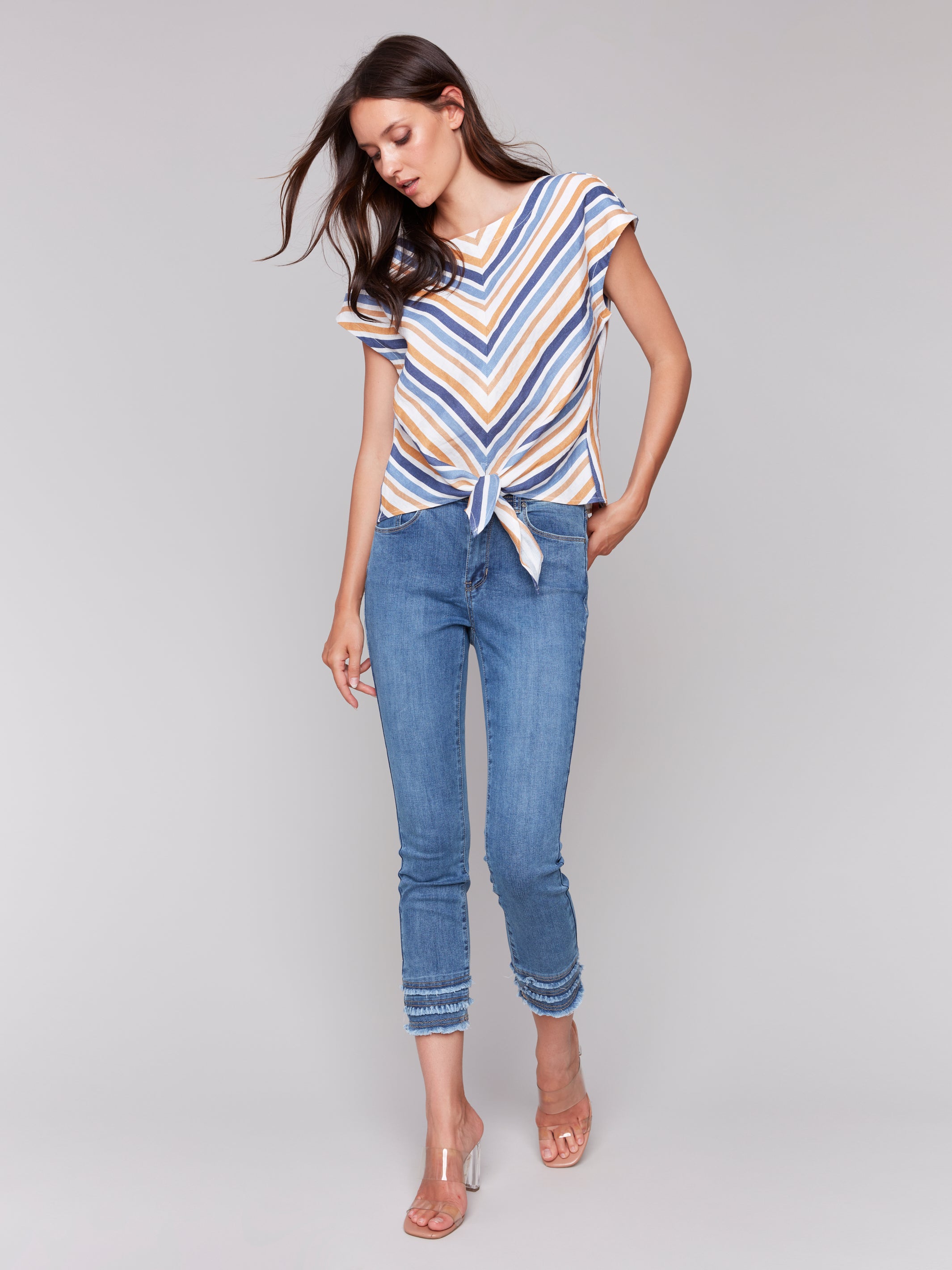 Striped Linen Blend Tie-Front Blouse