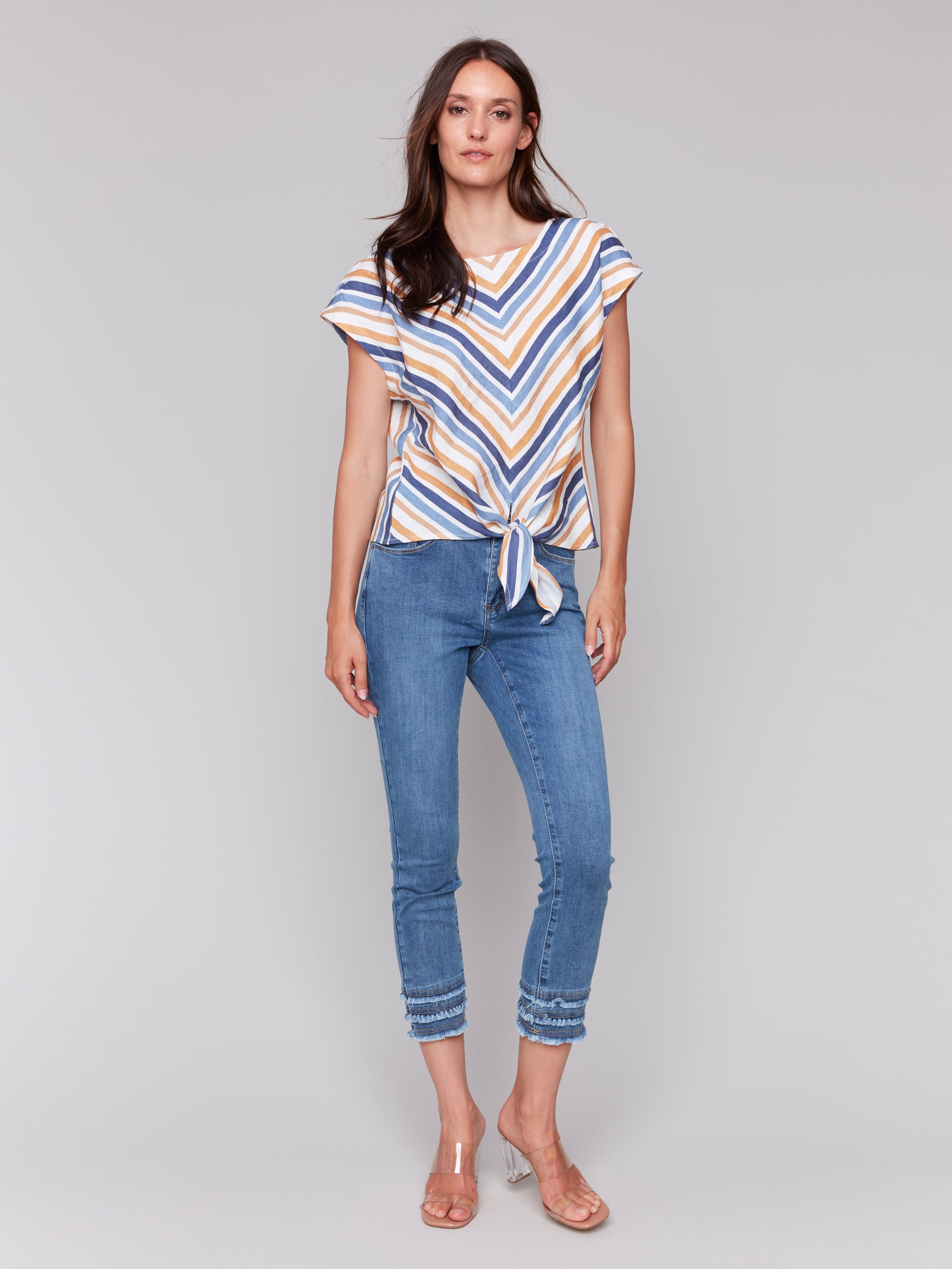 Striped Linen Blend Tie-Front Blouse