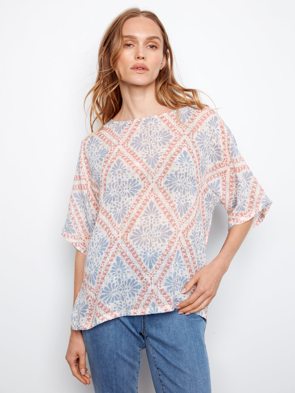 Printed Dolman Cotton Blend Blouse