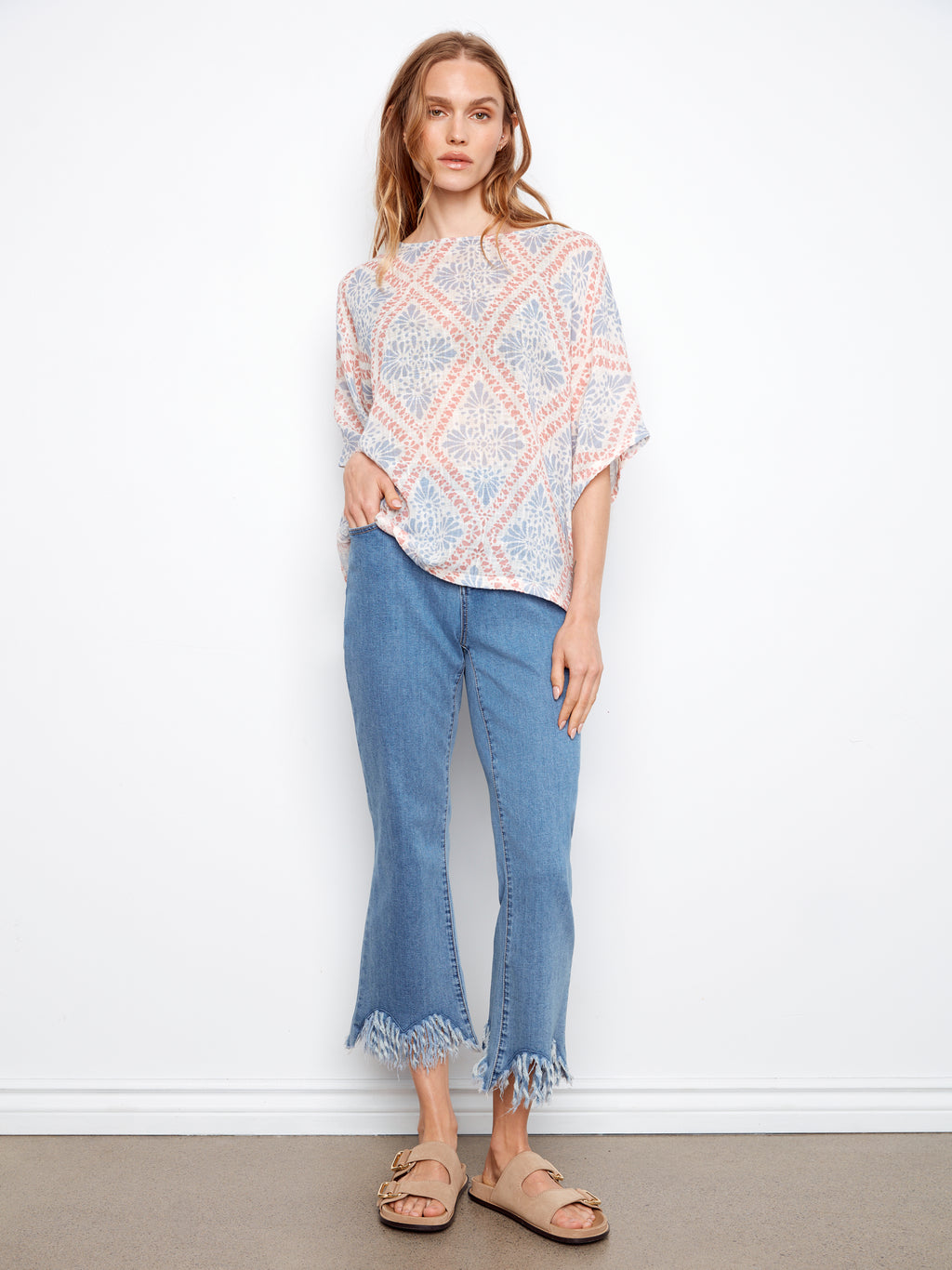 Printed Dolman Cotton Blend Blouse