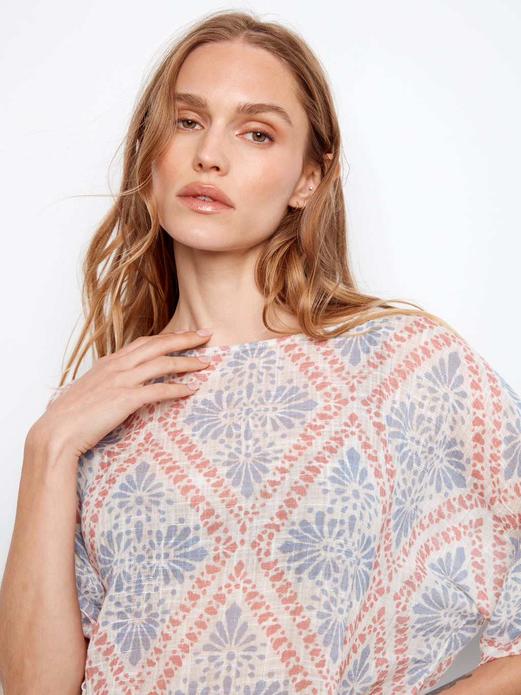 Printed Dolman Cotton Blend Blouse