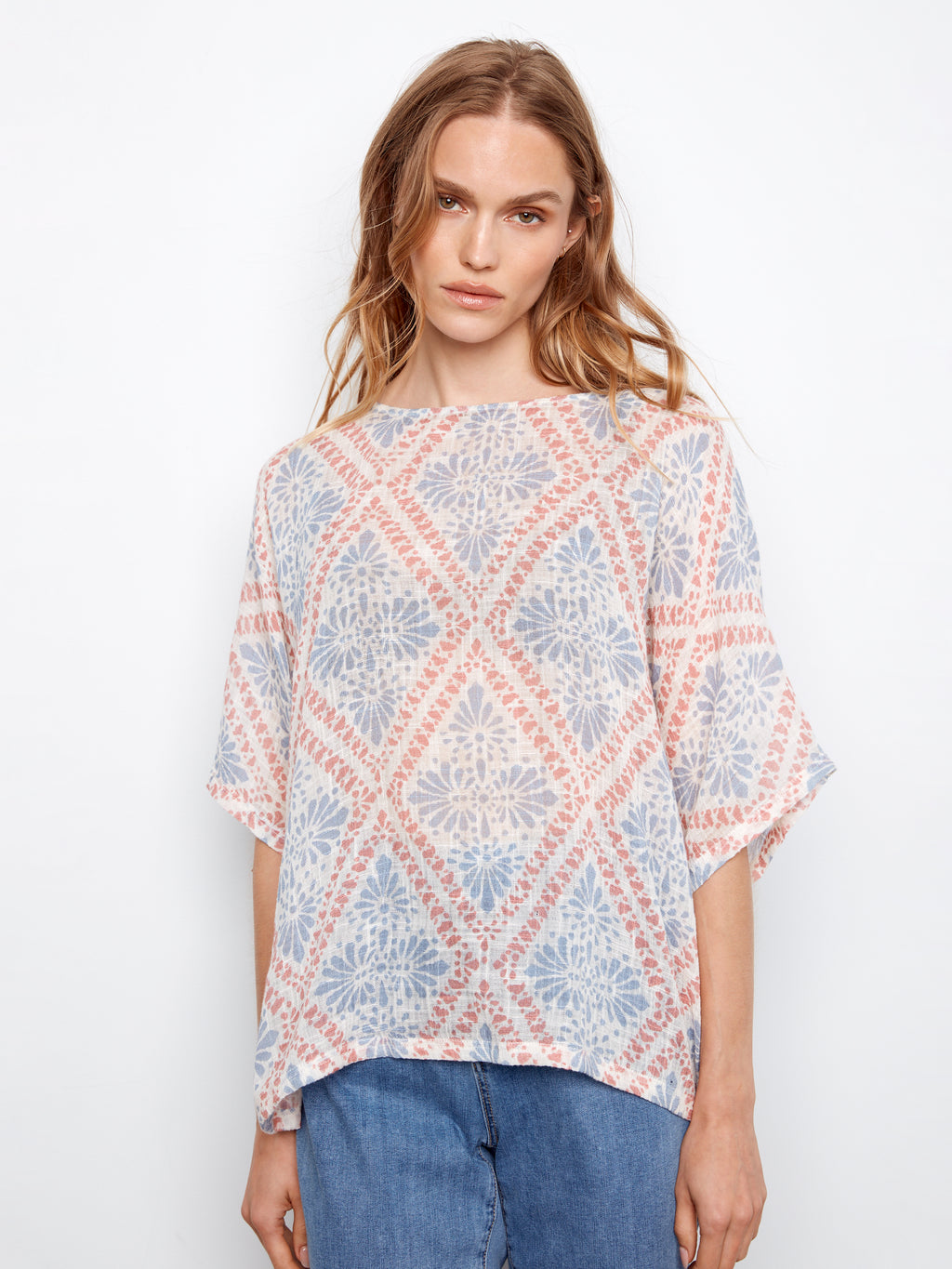 Printed Dolman Cotton Blend Blouse