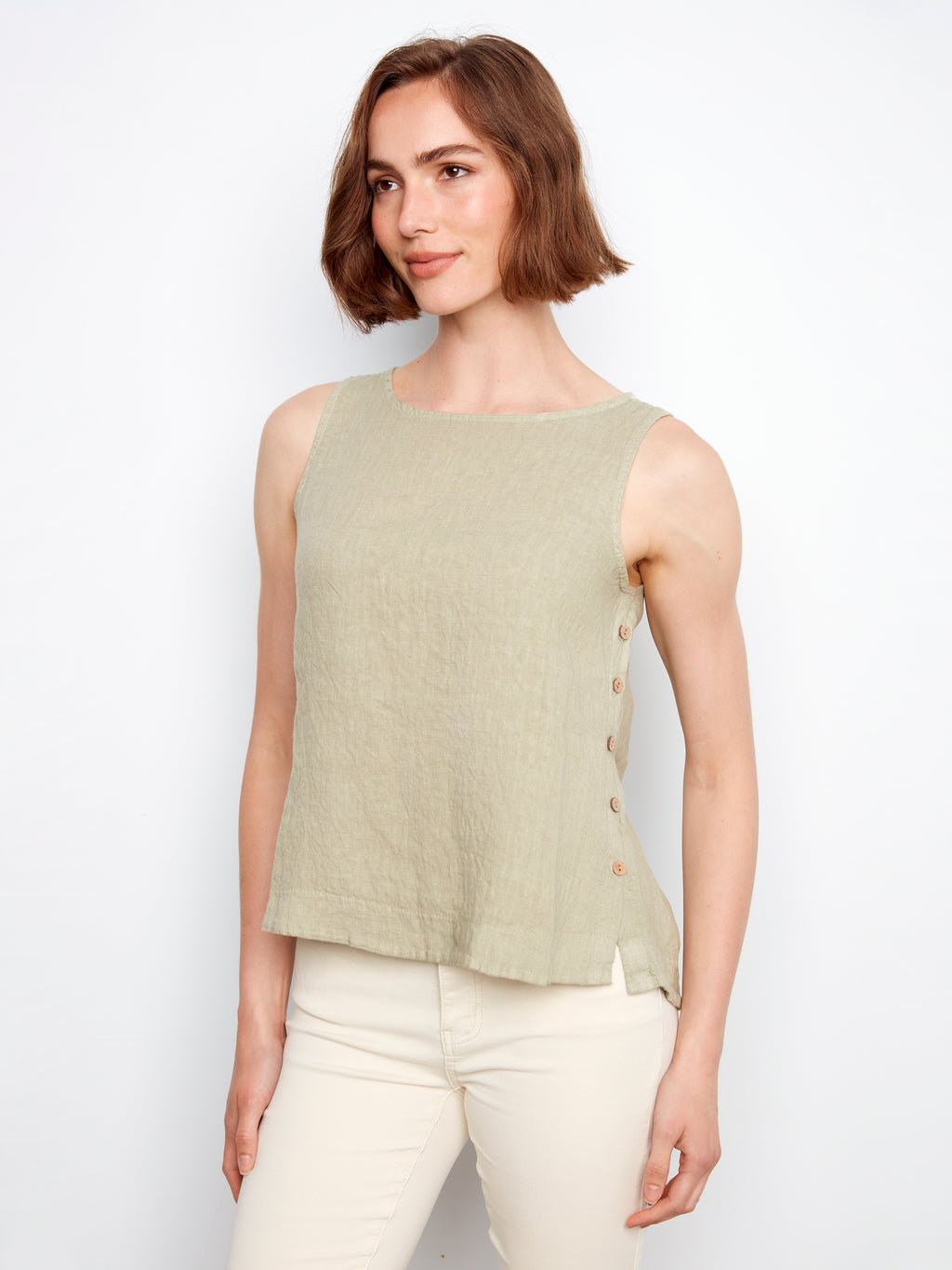 Sleeveless Linen Top with Side Buttons